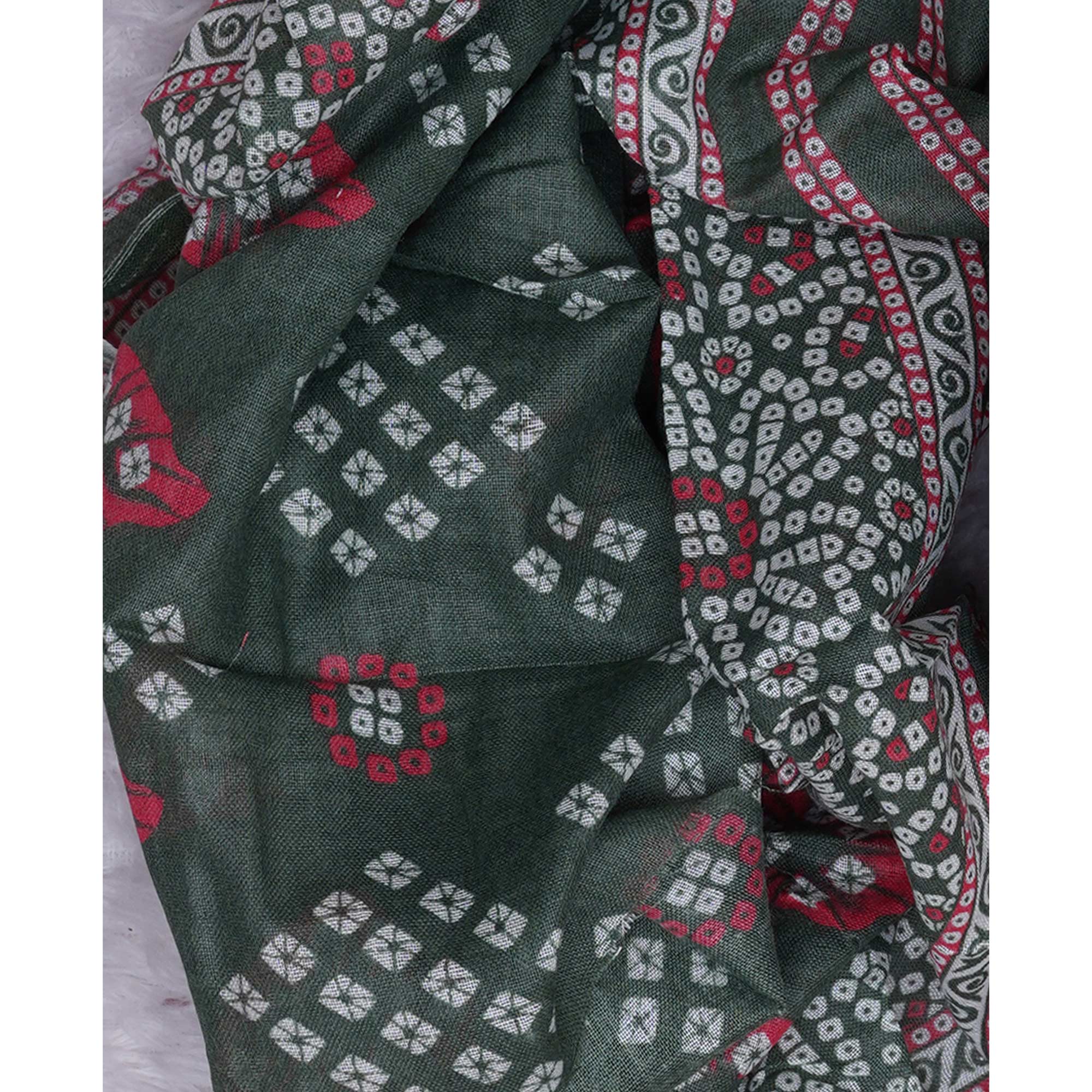 Green Bandhani Printed Cotton Blend Dress Material