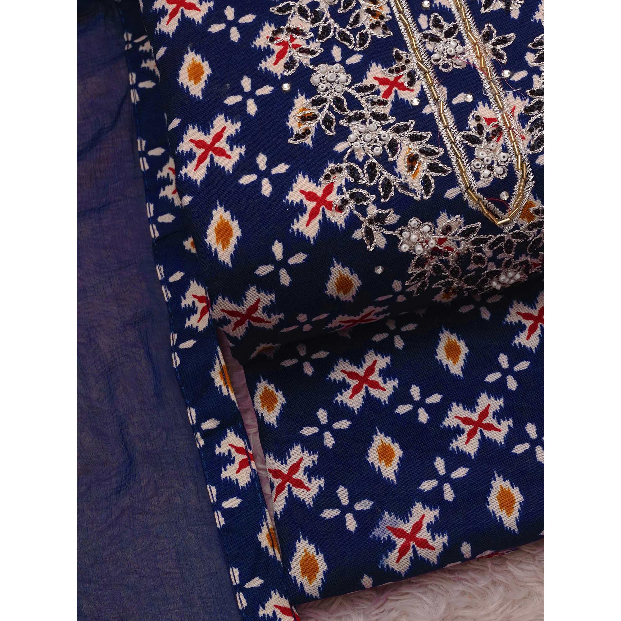 Blue Printed With Embroidered Cotton Blend Dress Material