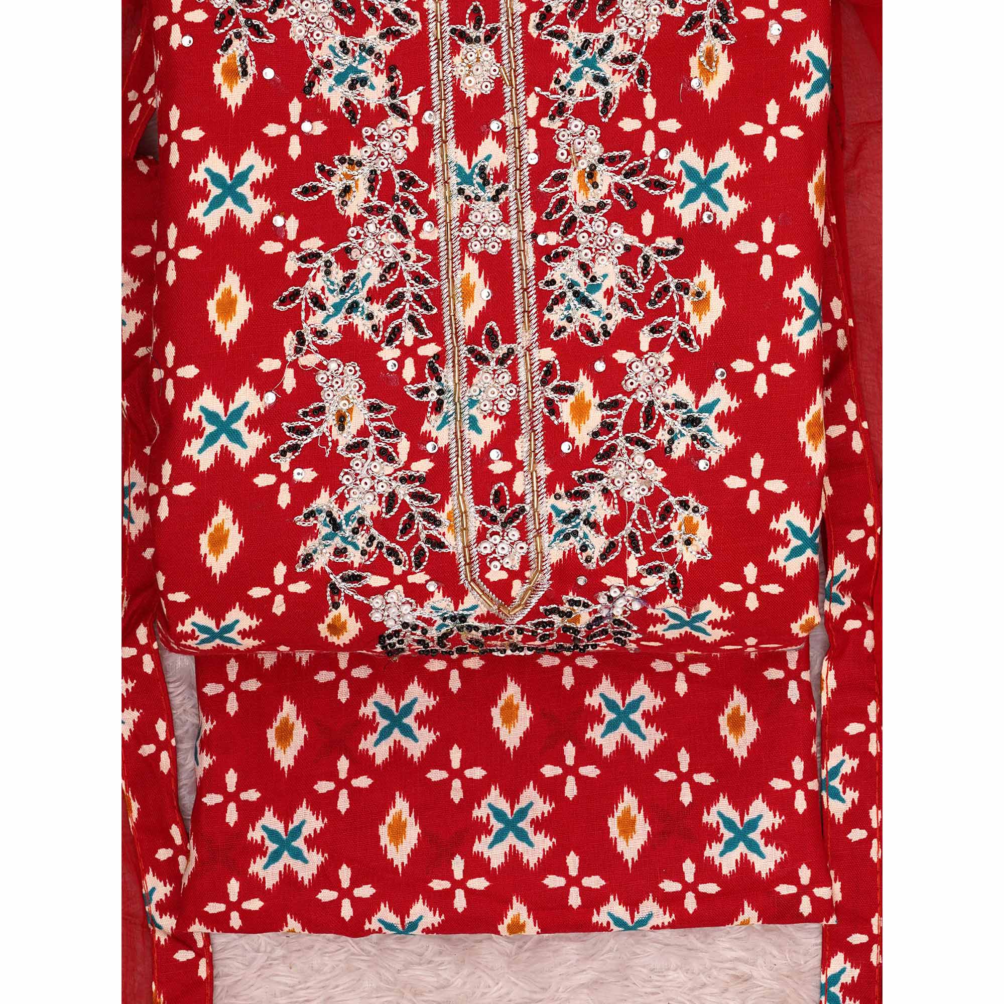 Red Printed With Embroidered Cotton Blend Dress Material
