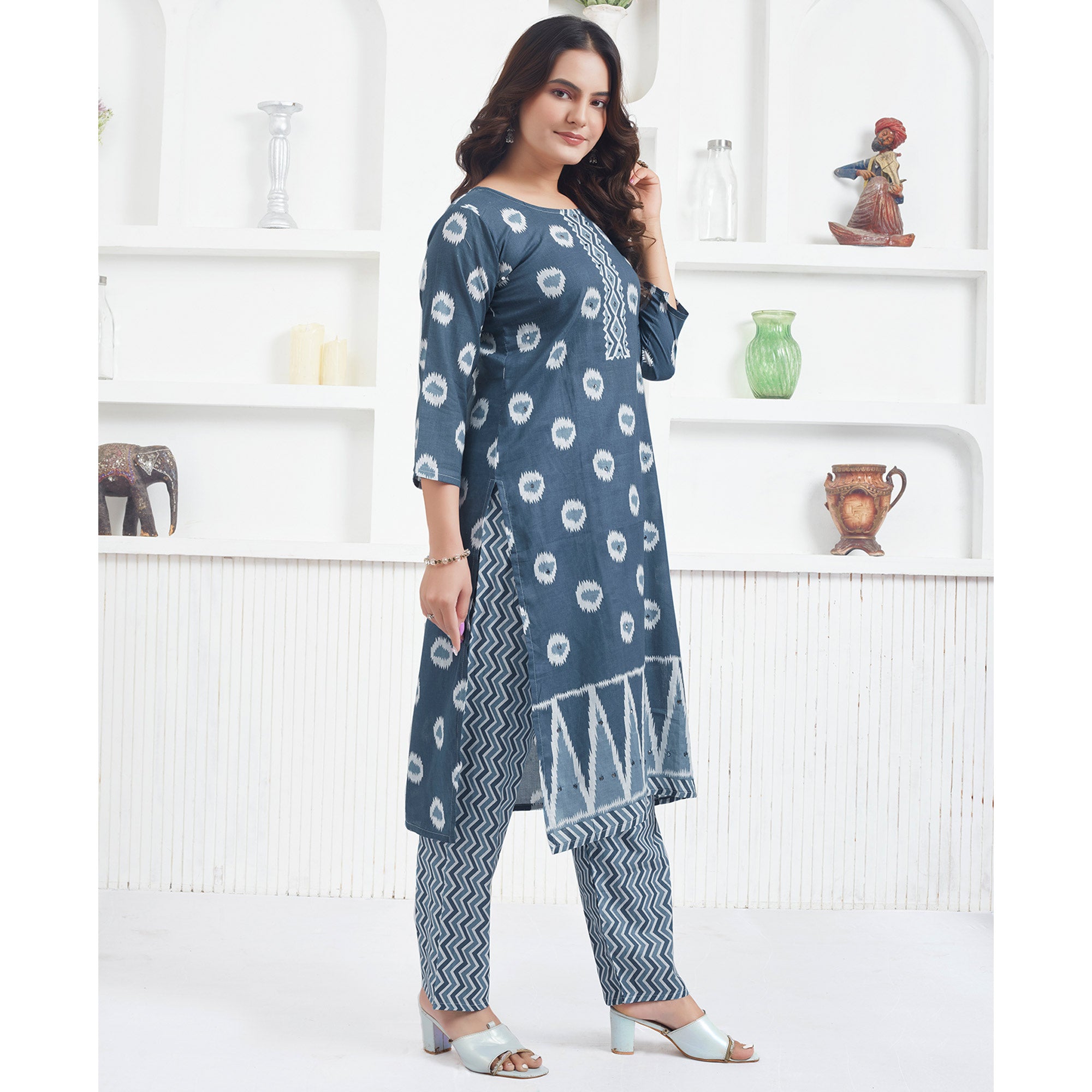 Grey Printed Pure Cotton Salwar Suit With Mirror Work