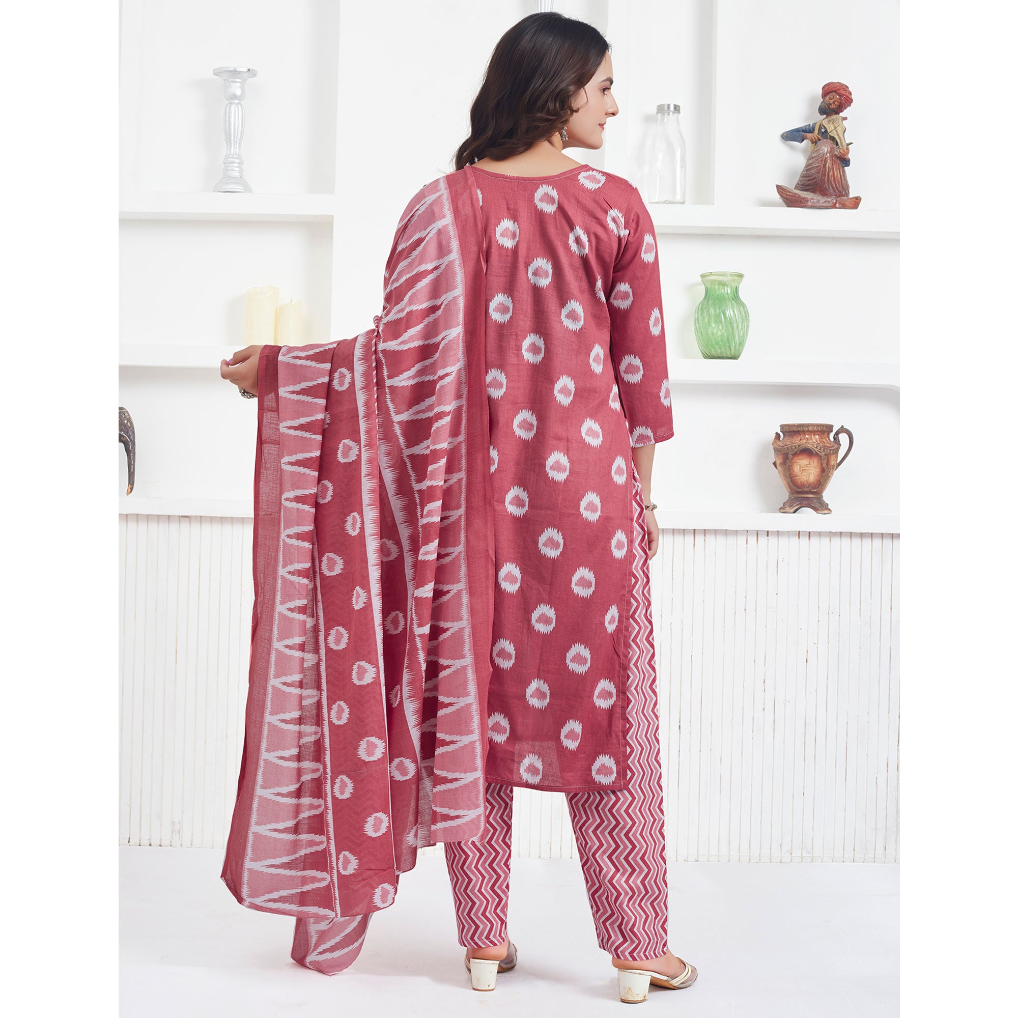 Light Red Printed Pure Cotton Salwar Suit With Mirror Work