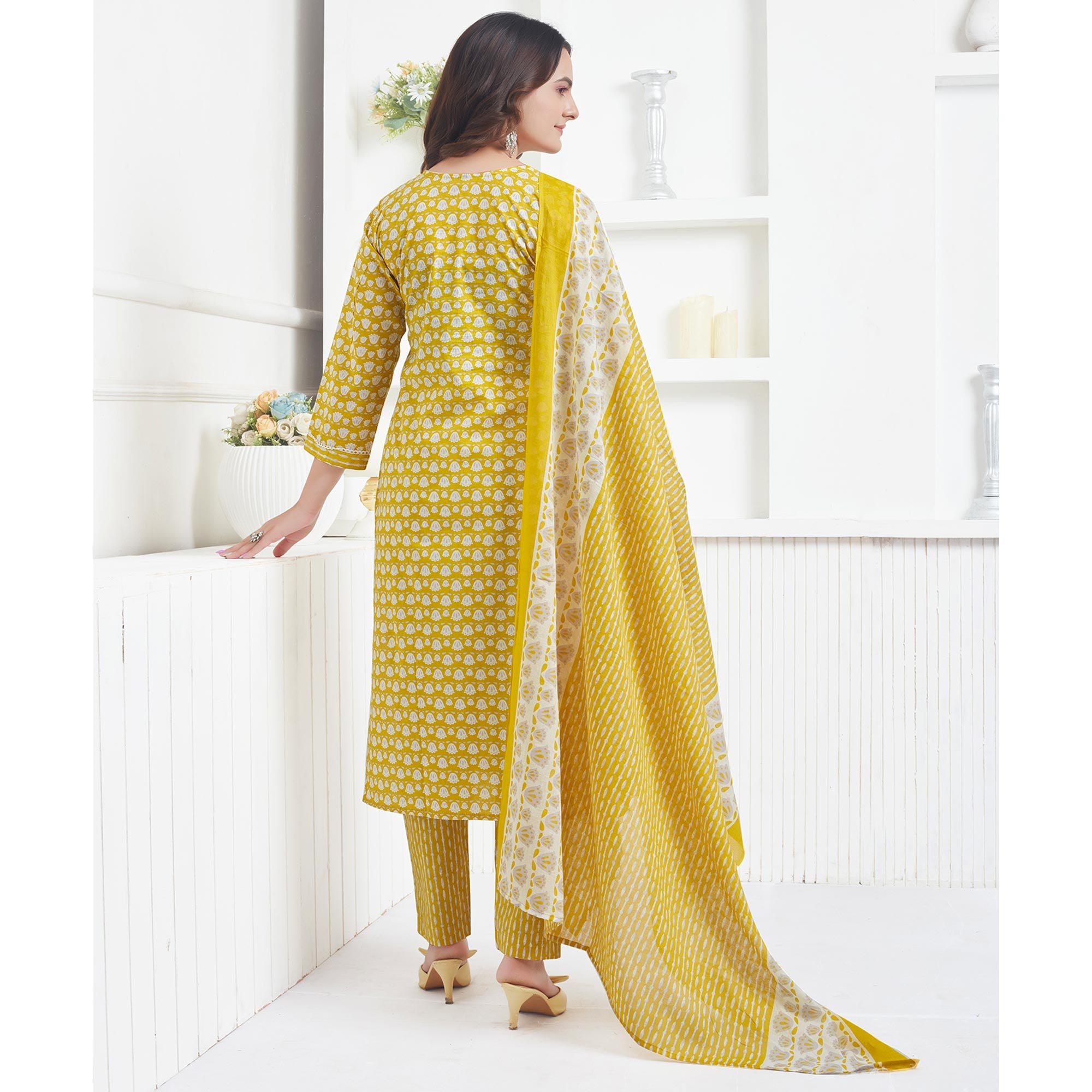 Mustard Printed Pure Cotton Salwar Suit With Sequins Work