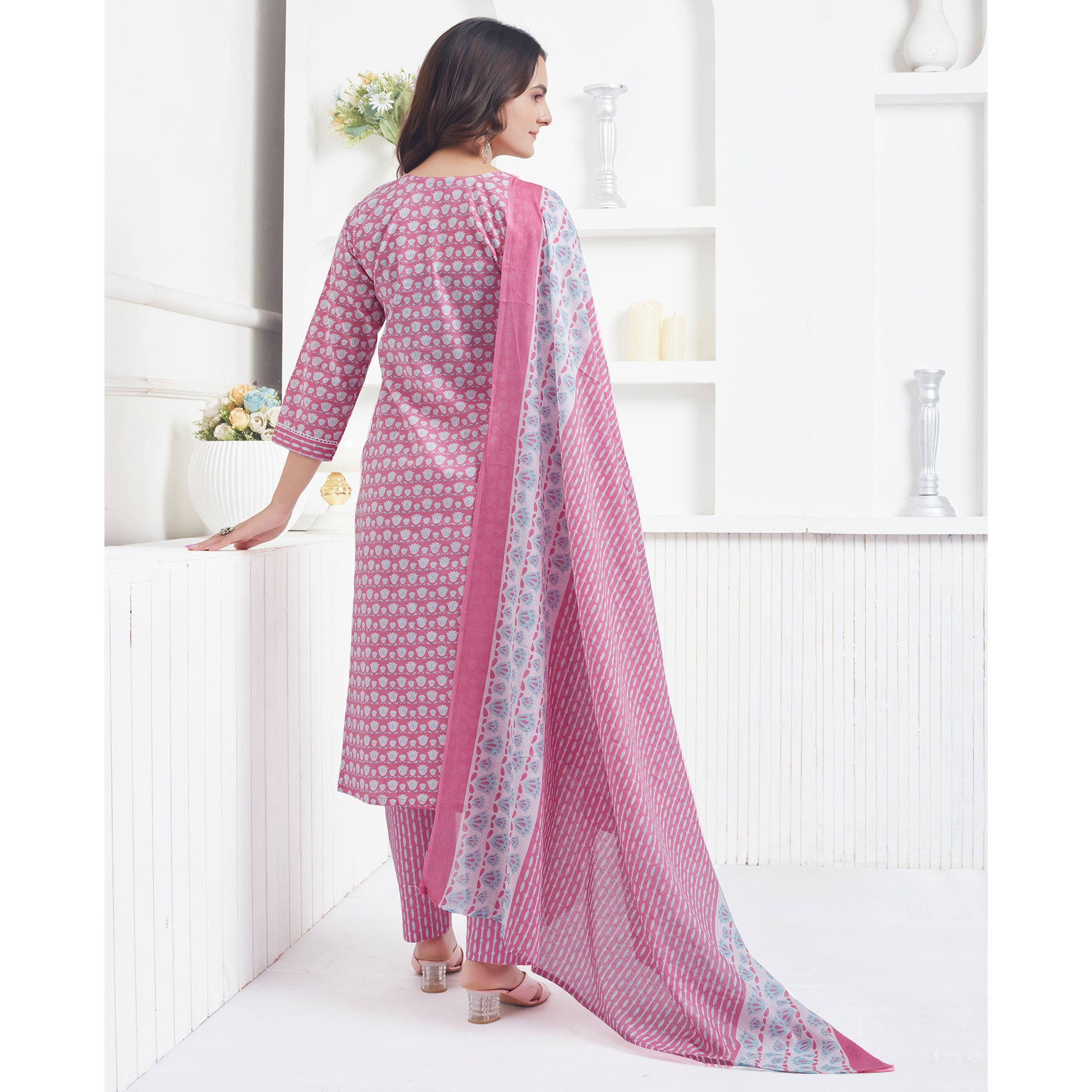 Pink Printed Pure Cotton Salwar Suit With Sequins Work