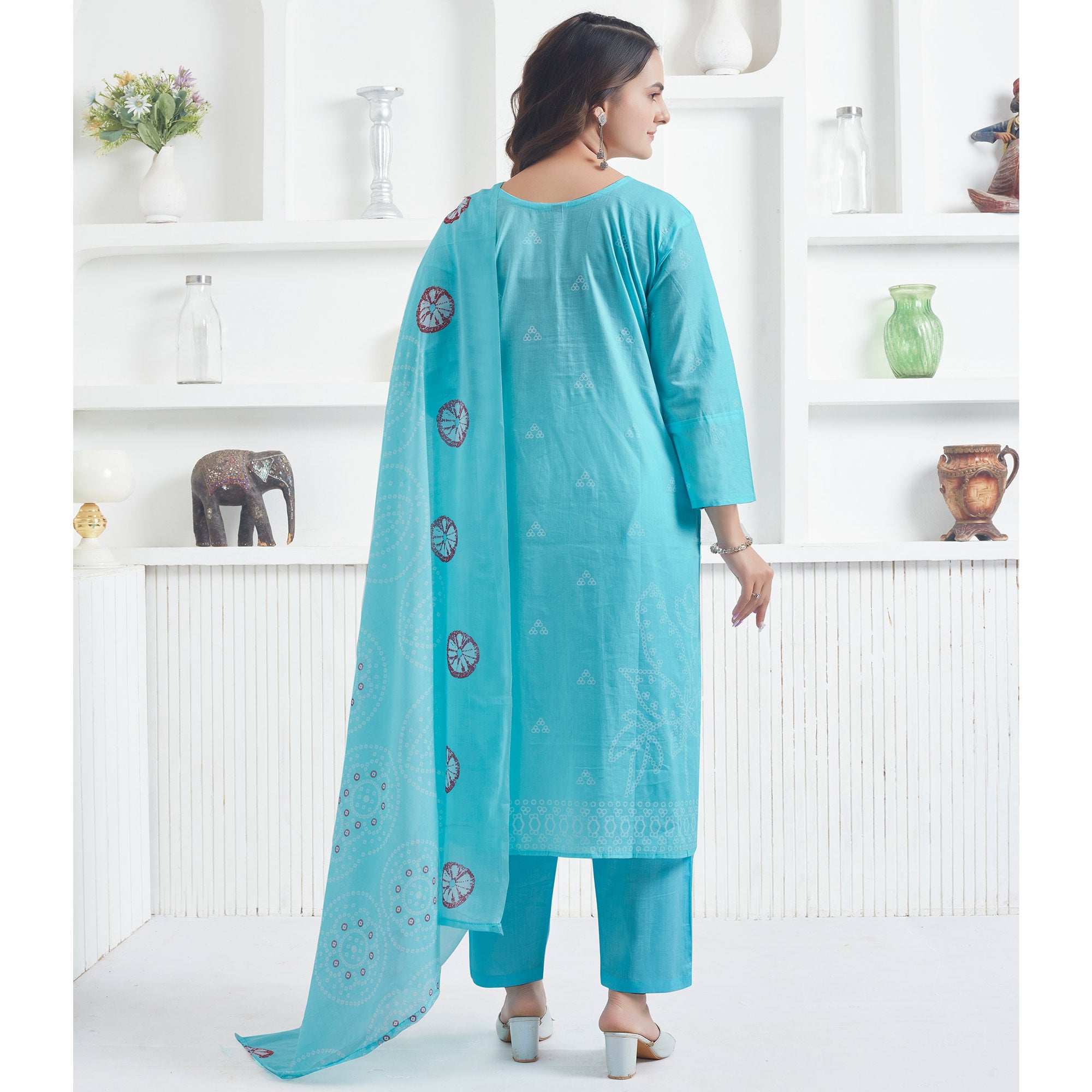 Blue Printed Pure Cotton Salwar Suit With Mirror Work