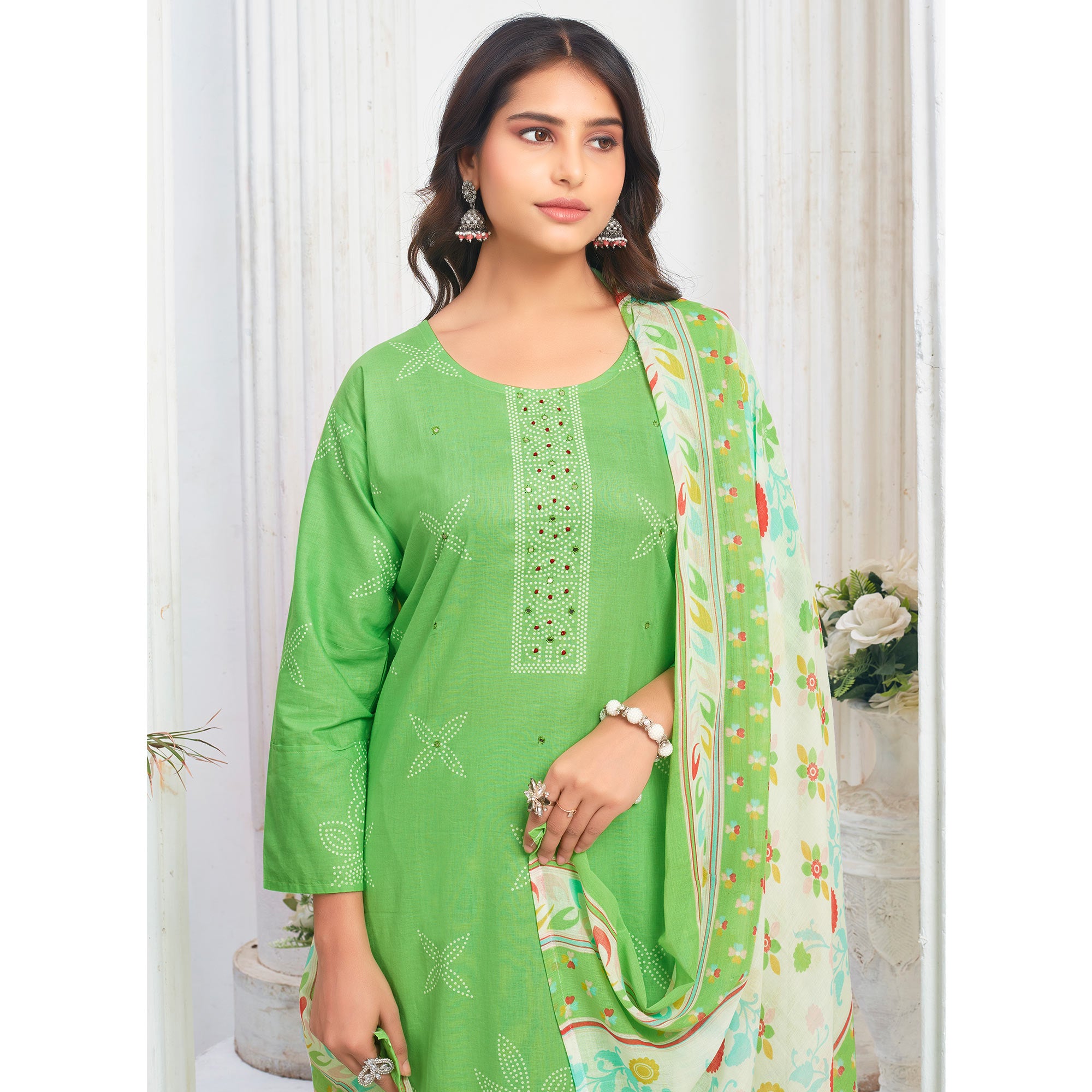 Green Floral Printed Pure Cotton Salwar Suit