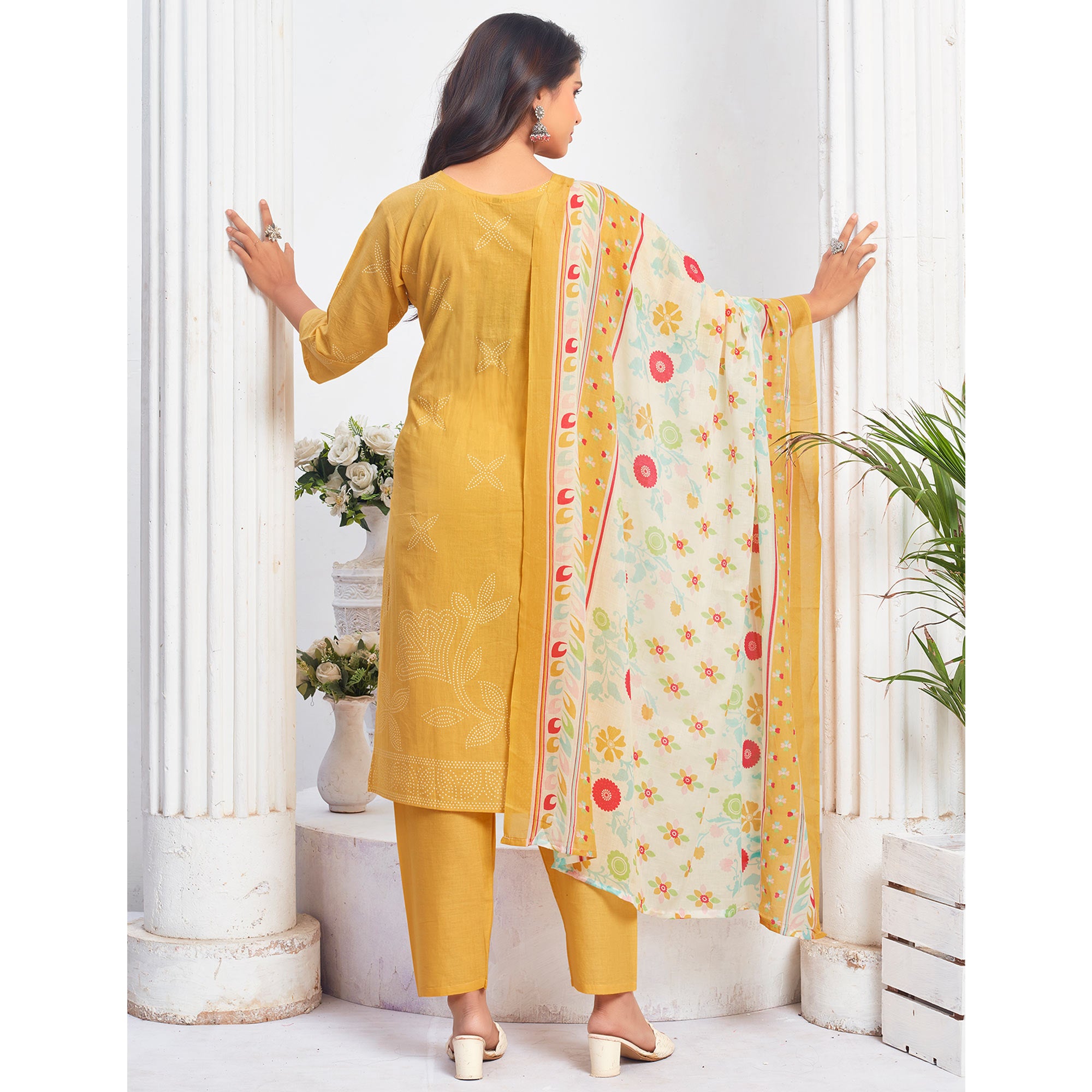 Mustard Floral Printed Pure Cotton Salwar Suit