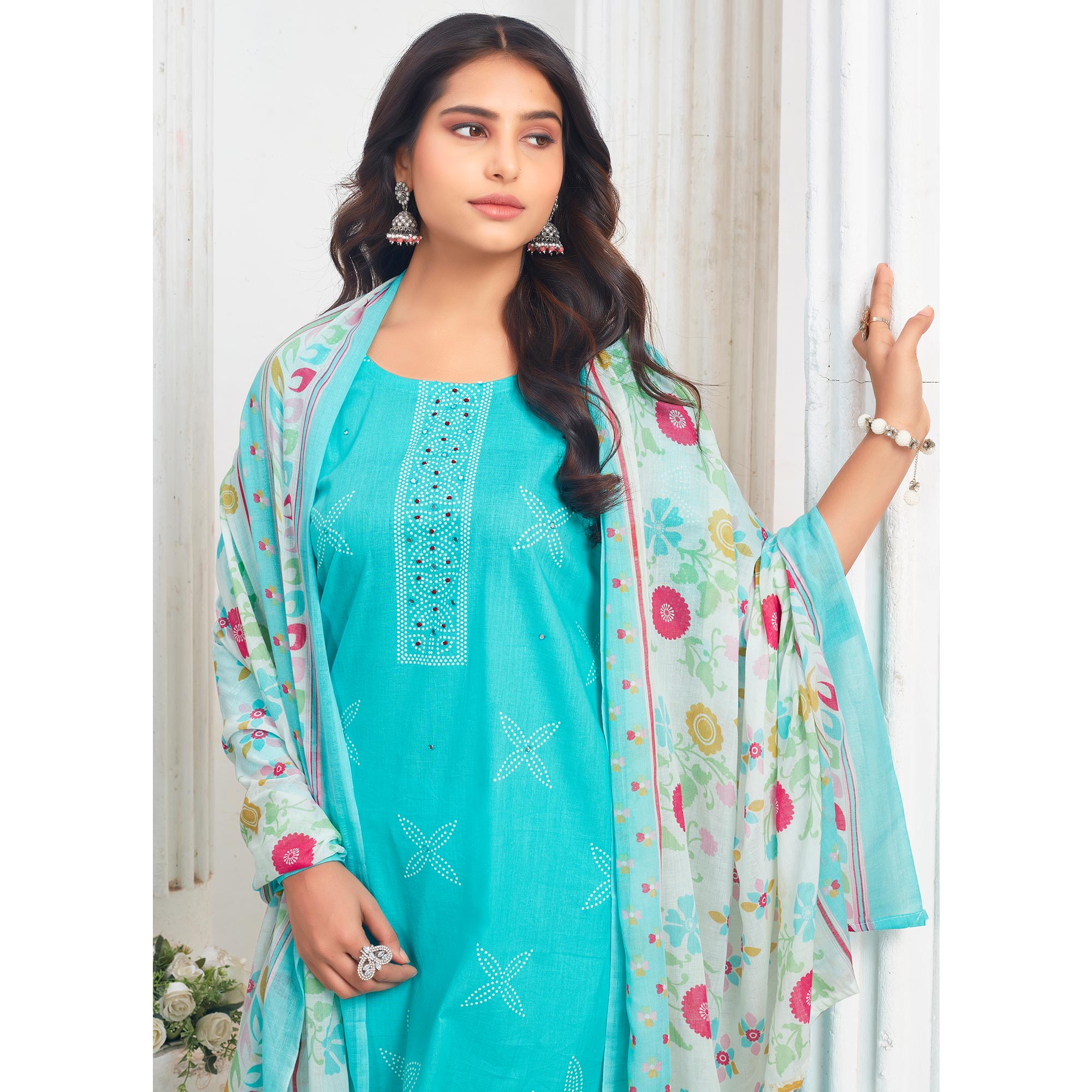 Turquoise Floral Printed Pure Cotton Salwar Suit