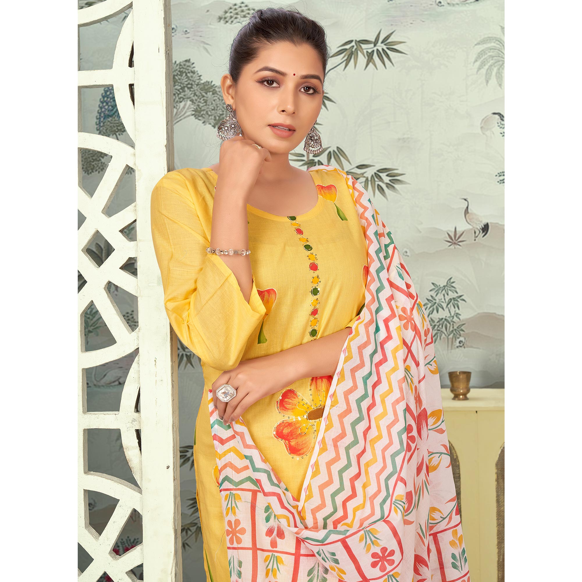 Mustard Floral Printed Pure Cotton Salwar Suit