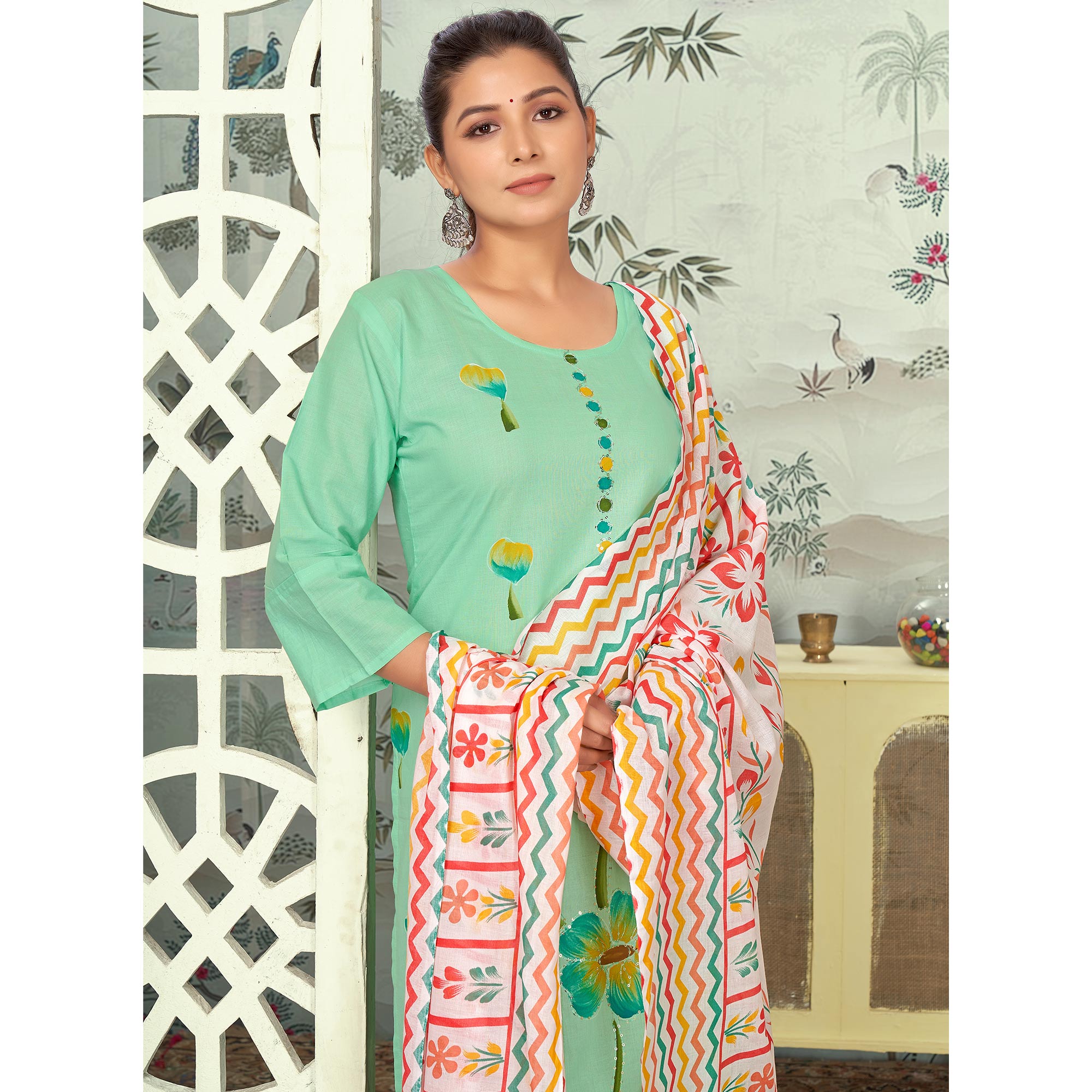 Sea Green Floral Printed Pure Cotton Salwar Suit