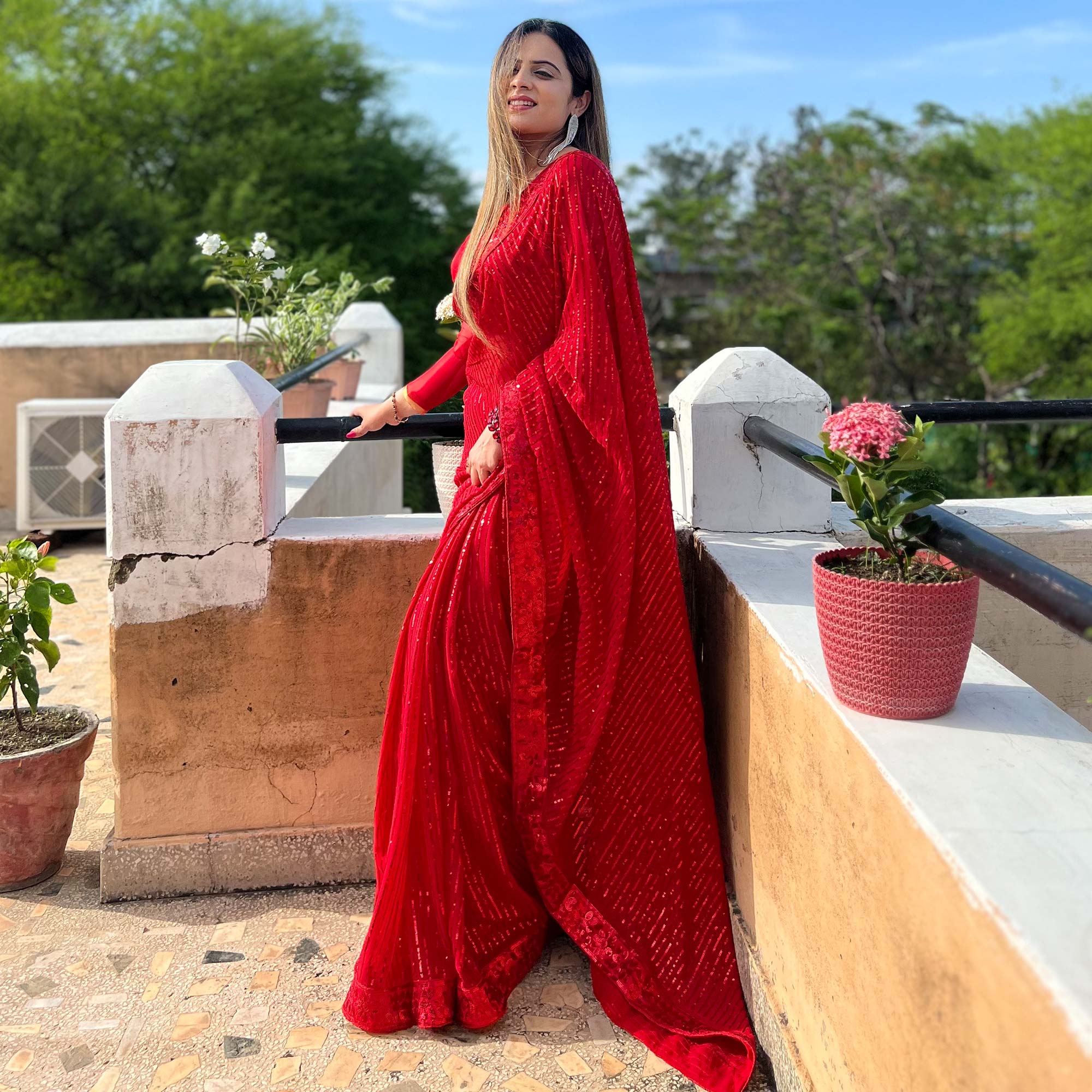 Red Sequins Embroidered Georgette Saree