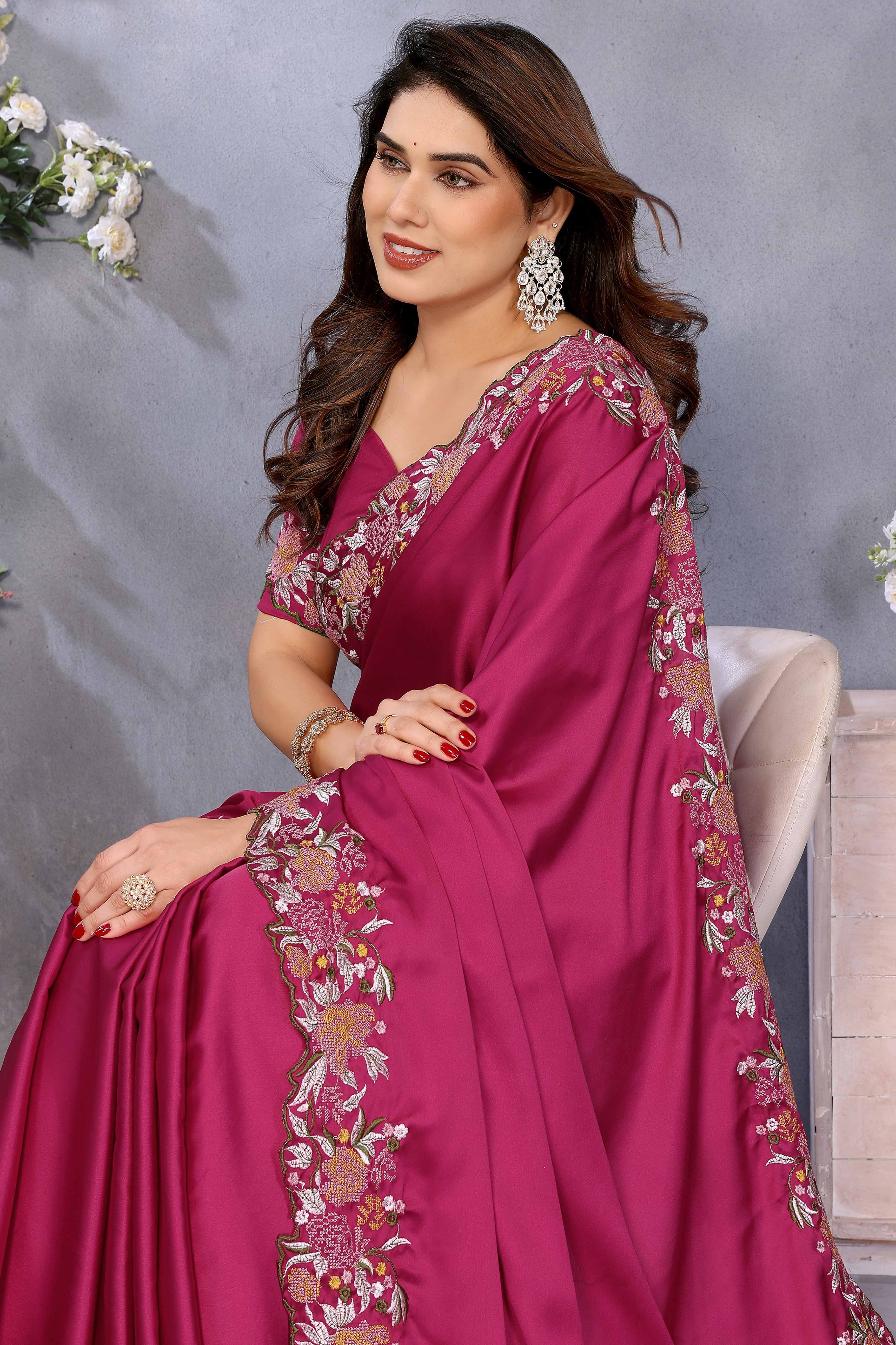 Rose Pink Satin Saree with Artistic Floral Embroidery and Soft Resham Detailing