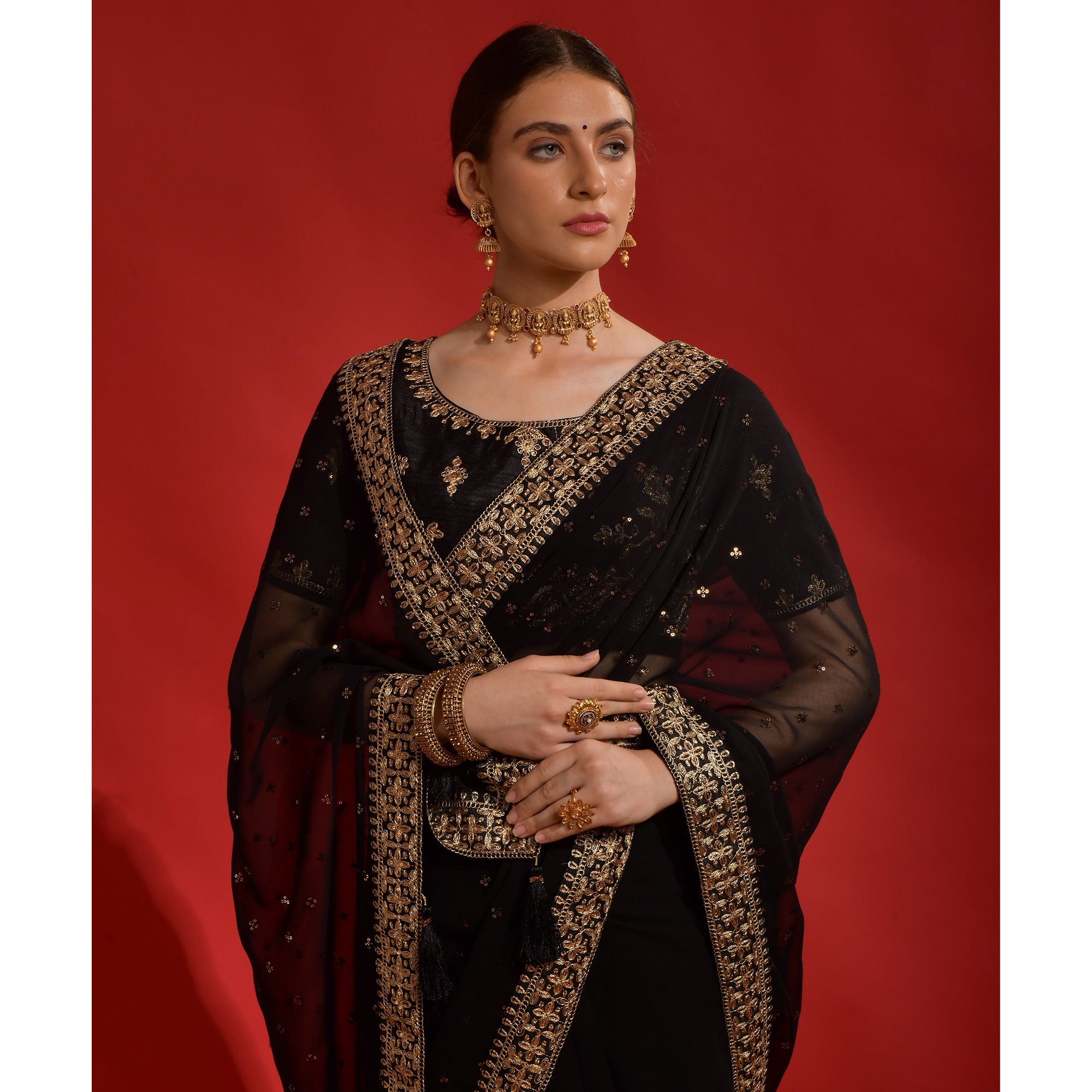 Black Sequins Embroidered Georgette Saree