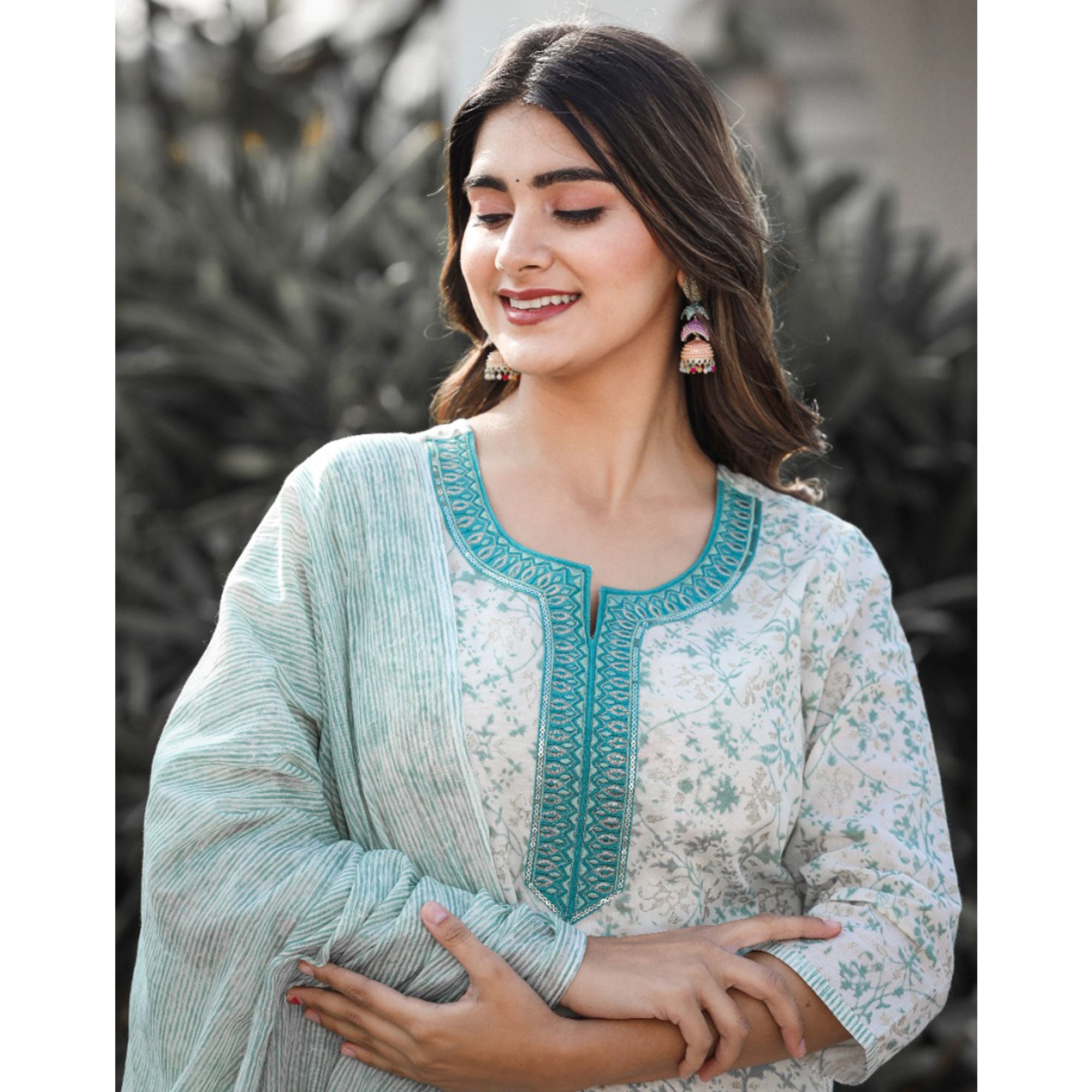 White And Green Jaipuri Printed Pure Cotton Suit