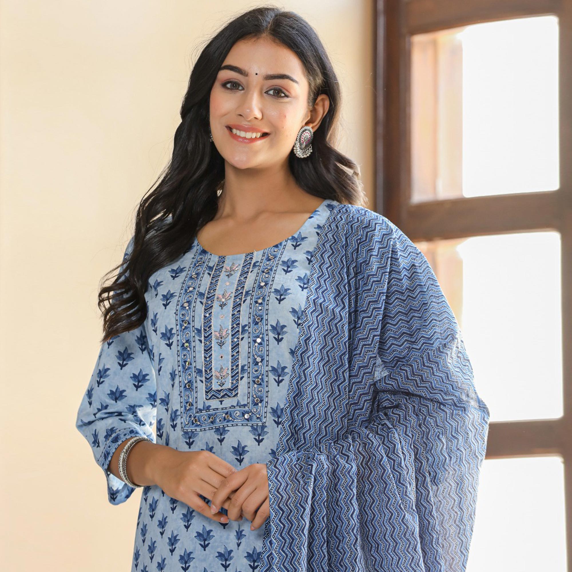 Blue Jaipuri Printed Pure Cotton Suit