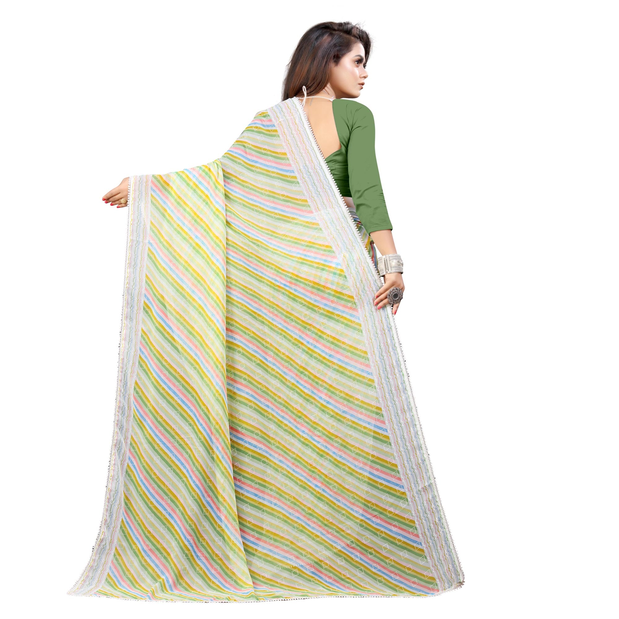 Green Striped Printed Georgette Saree