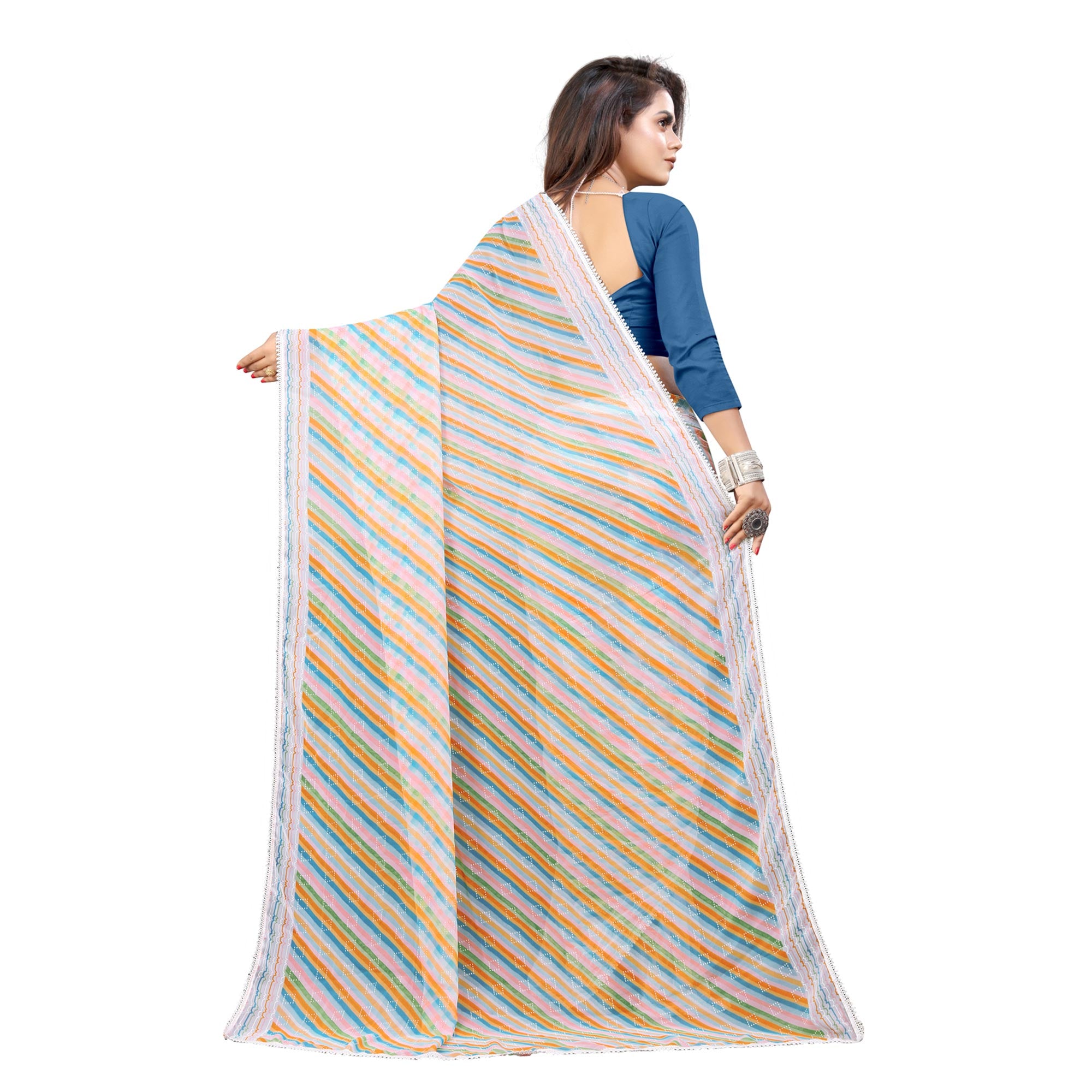 Grey Striped Printed Georgette Saree