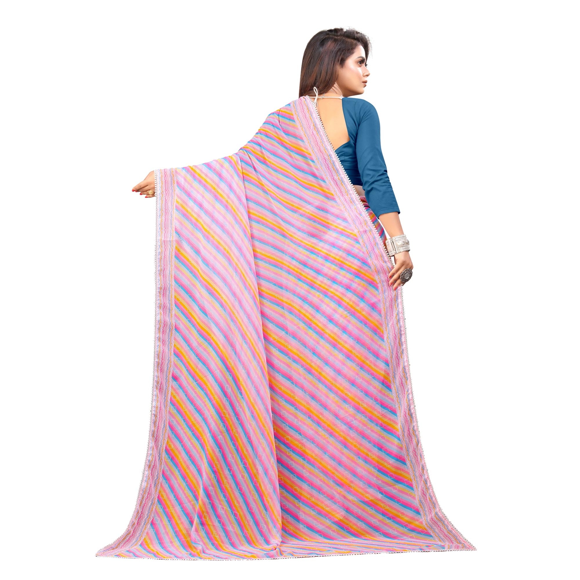 Pink Striped Printed Georgette Saree