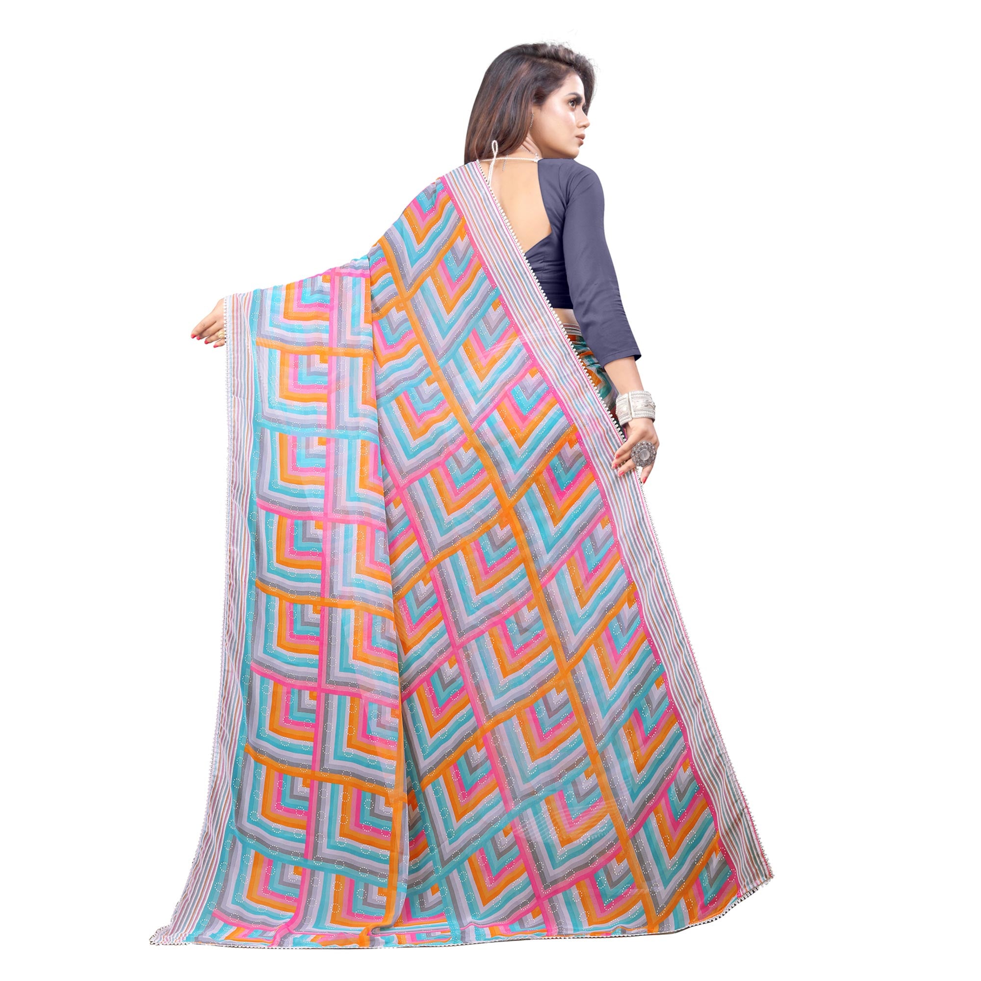 Blue & Grey Checked Printed Georgette Saree