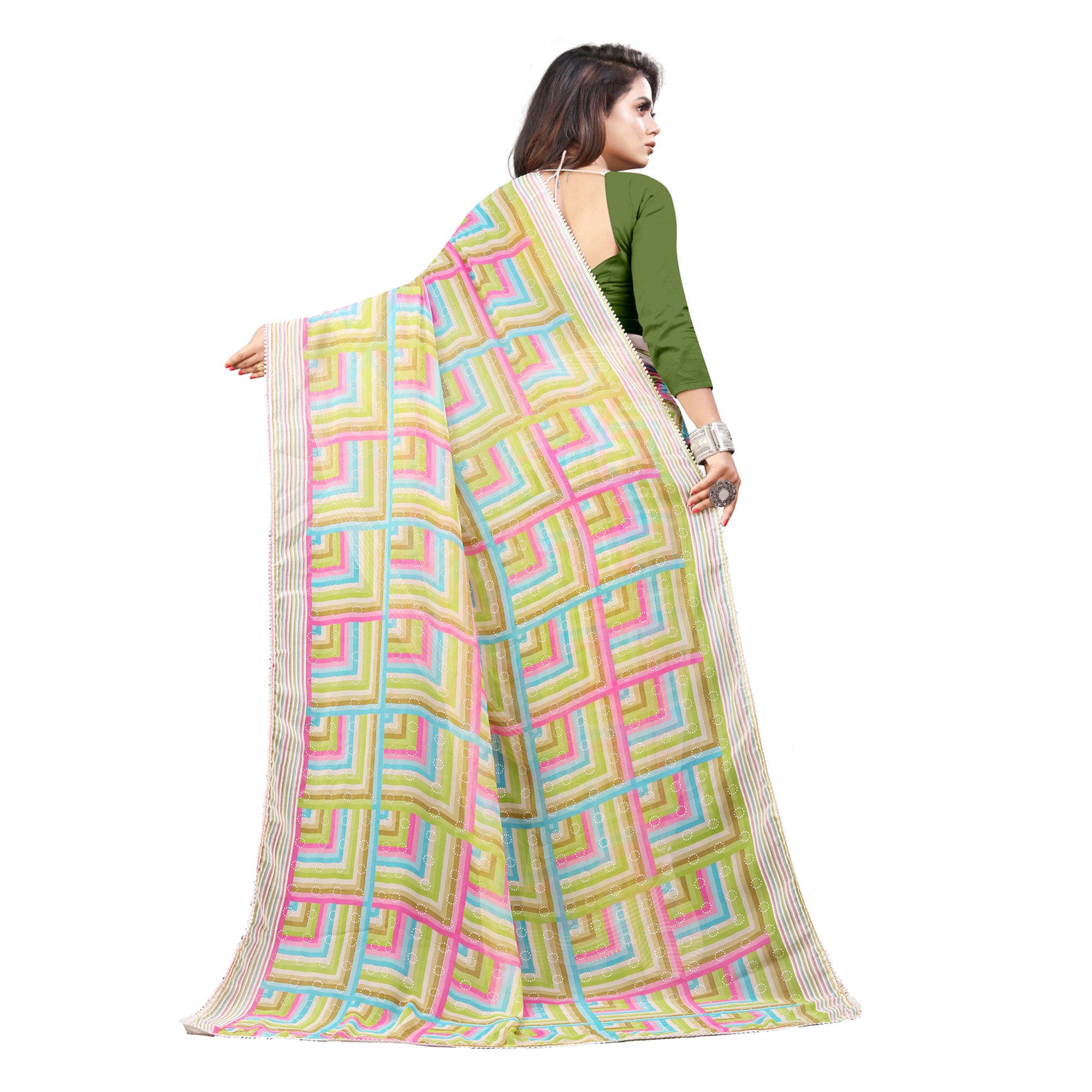 Light Green Checked Printed Georgette Saree