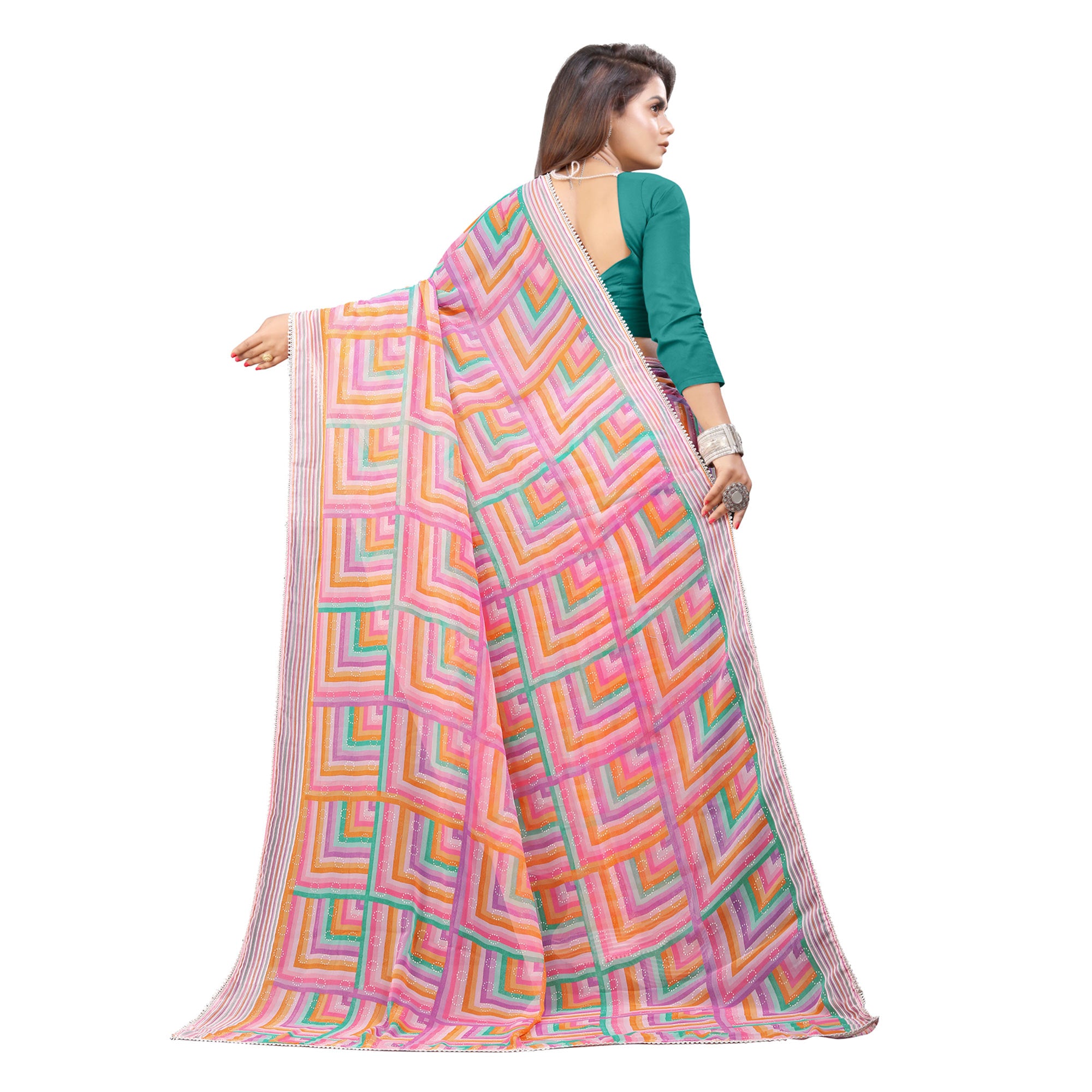 Pink Checked Printed Georgette Saree