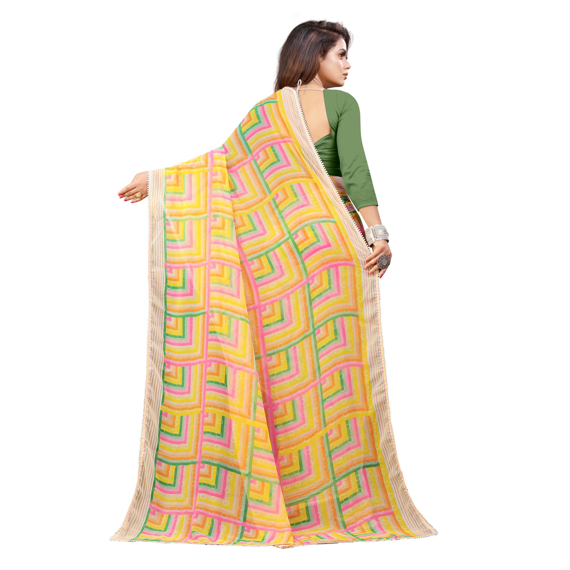 Yellow Checked Printed Georgette Saree