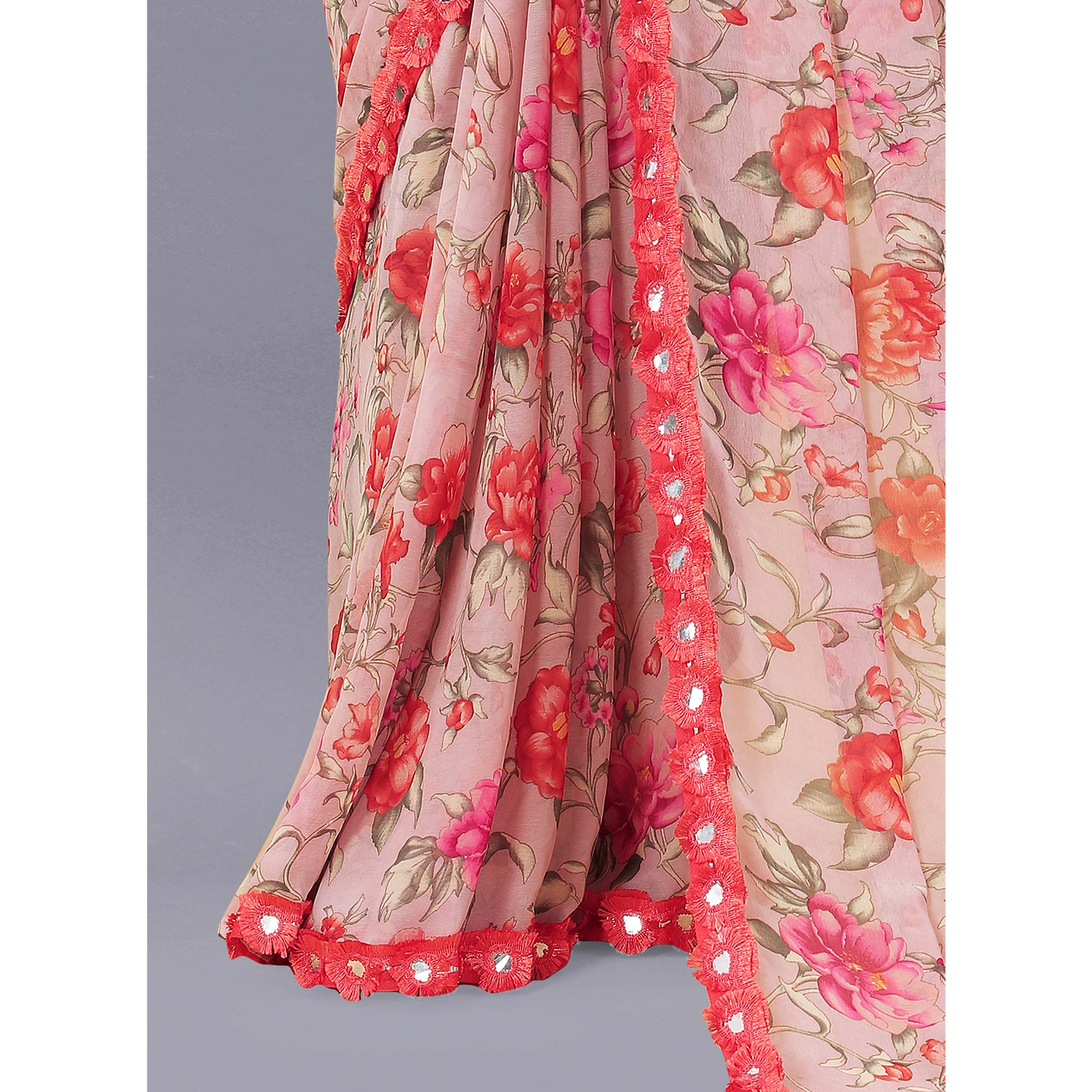 Peach Floral Printed Georgette Saree