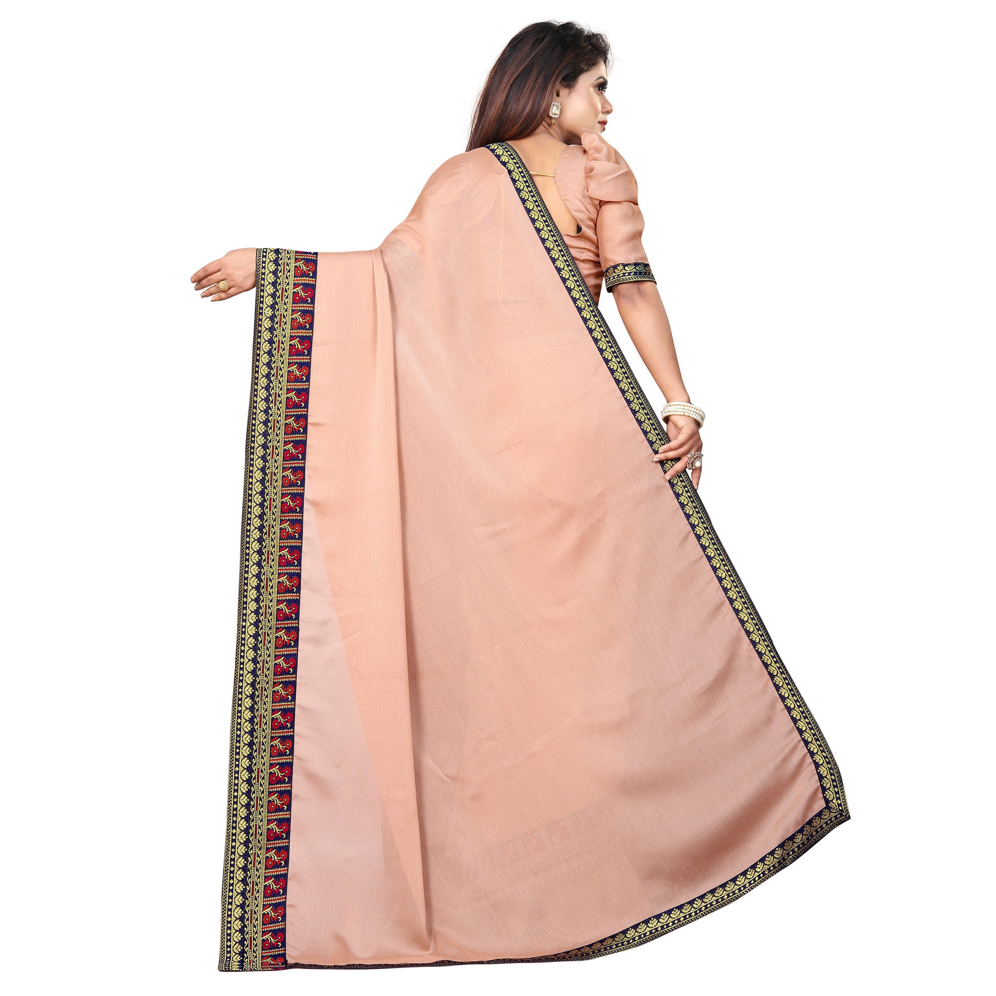 Beige Solid With Woven Border Vichitra Silk Saree