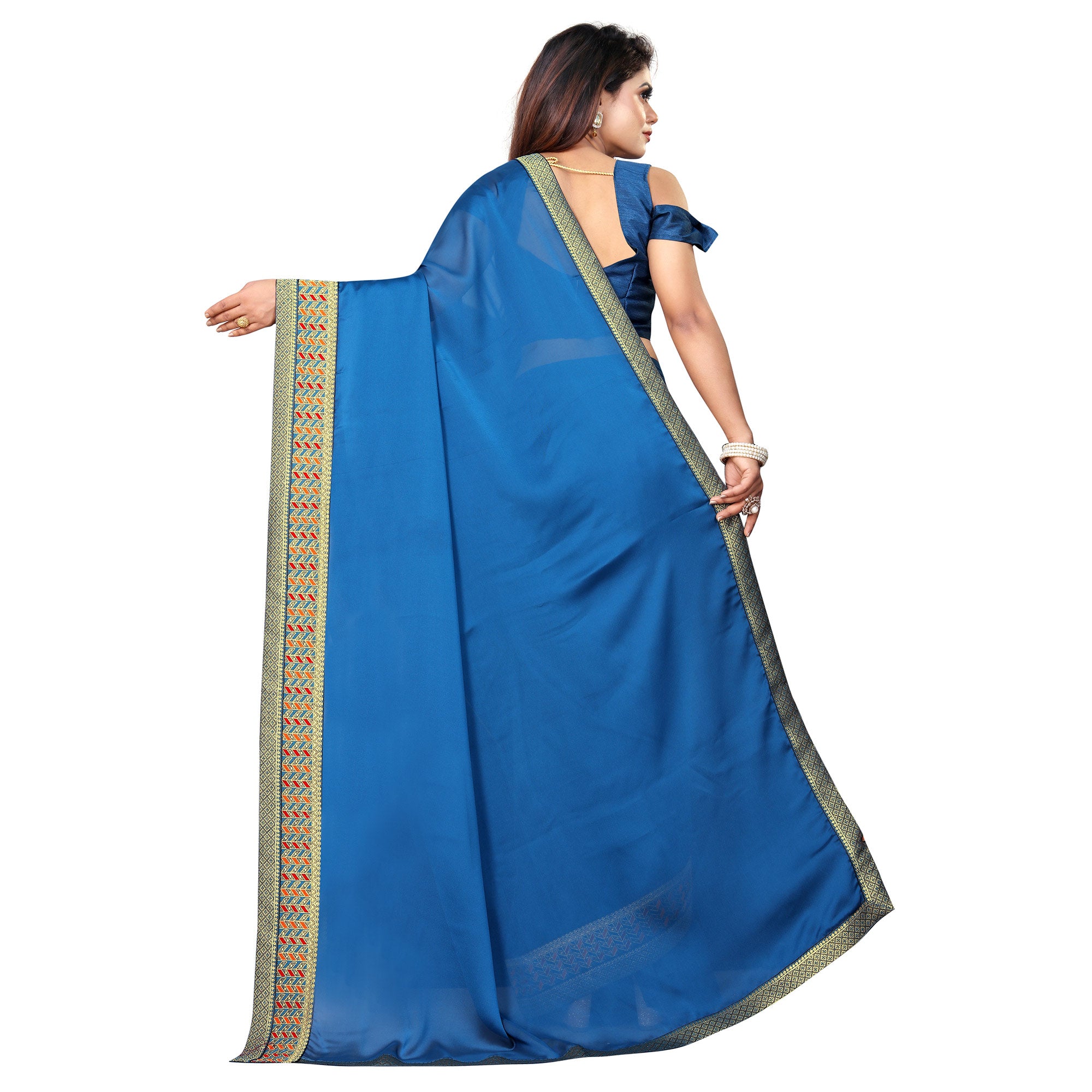 Blue Solid With Woven Border Vichitra Silk Saree