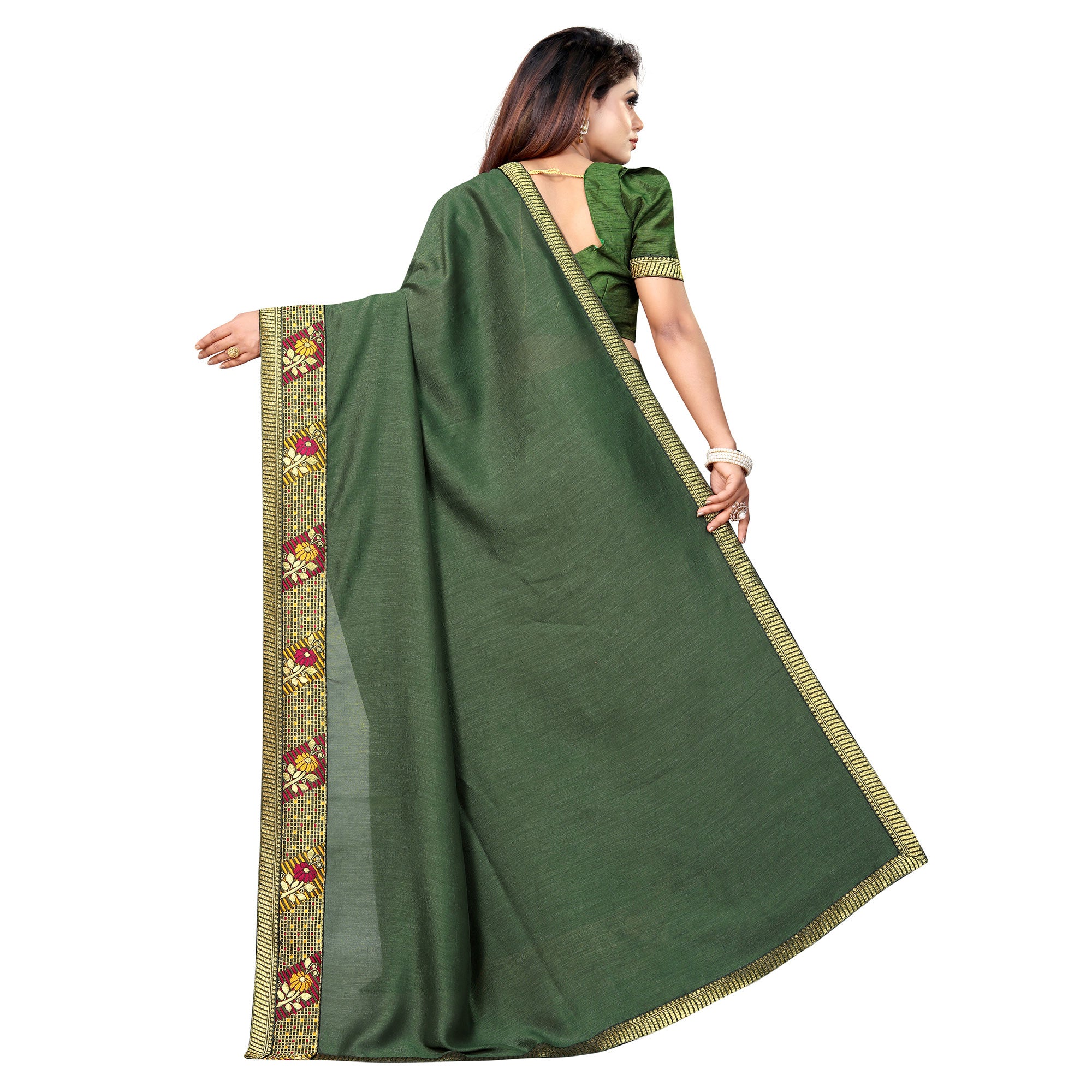 Mehandi Green Solid With Woven Border Vichitra Silk Saree