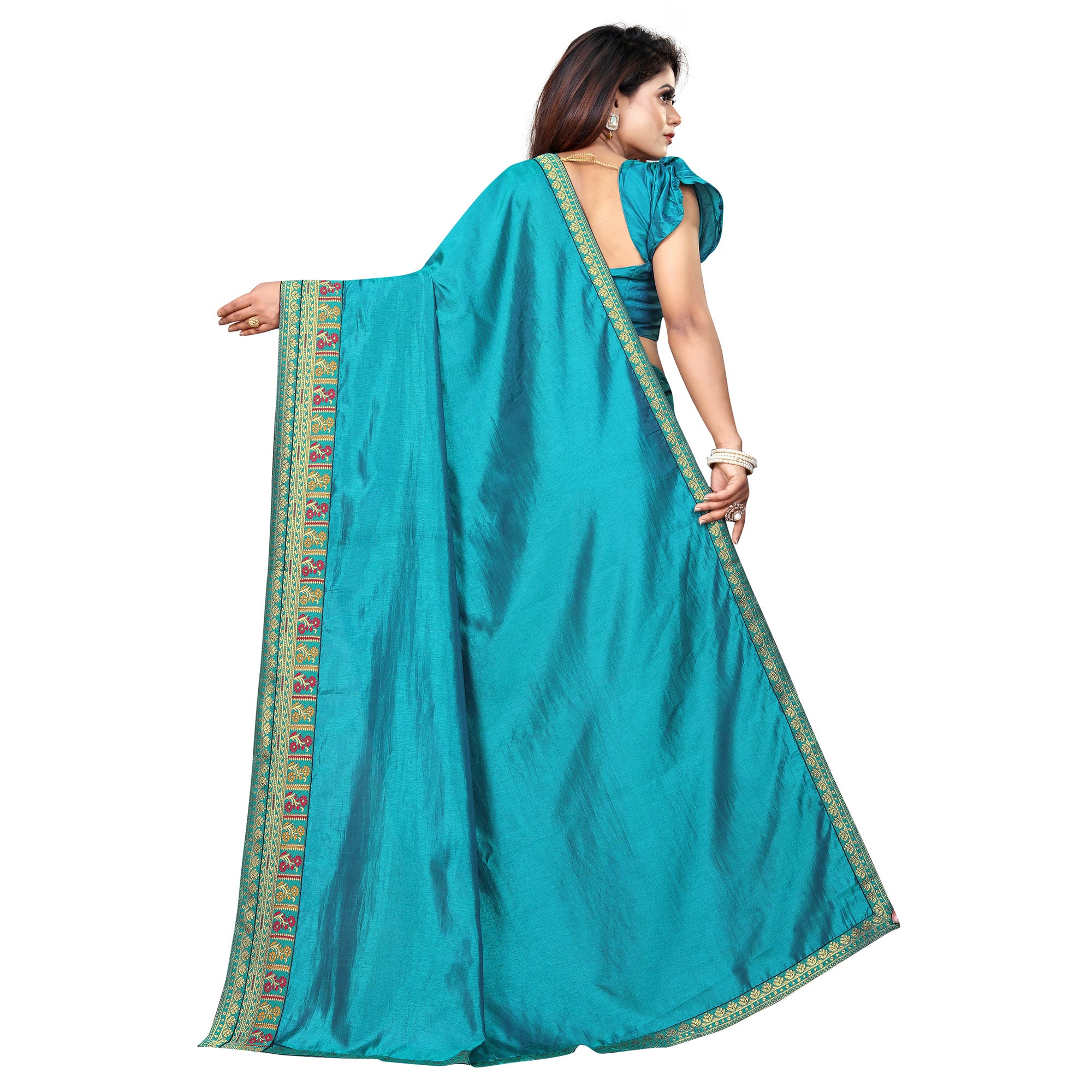 Turquoise Solid With Woven Border Vichitra Silk Saree