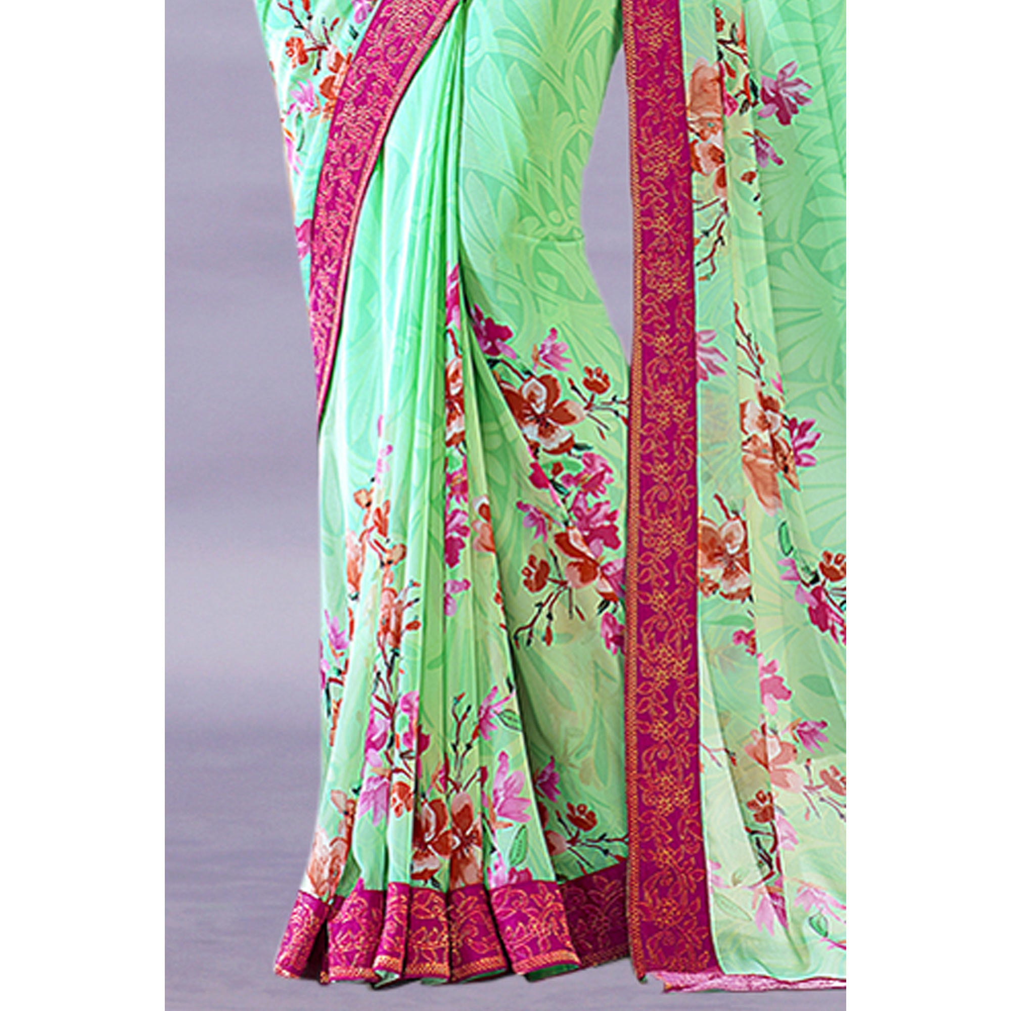 Sea Green Floral Printed Georgette Saree