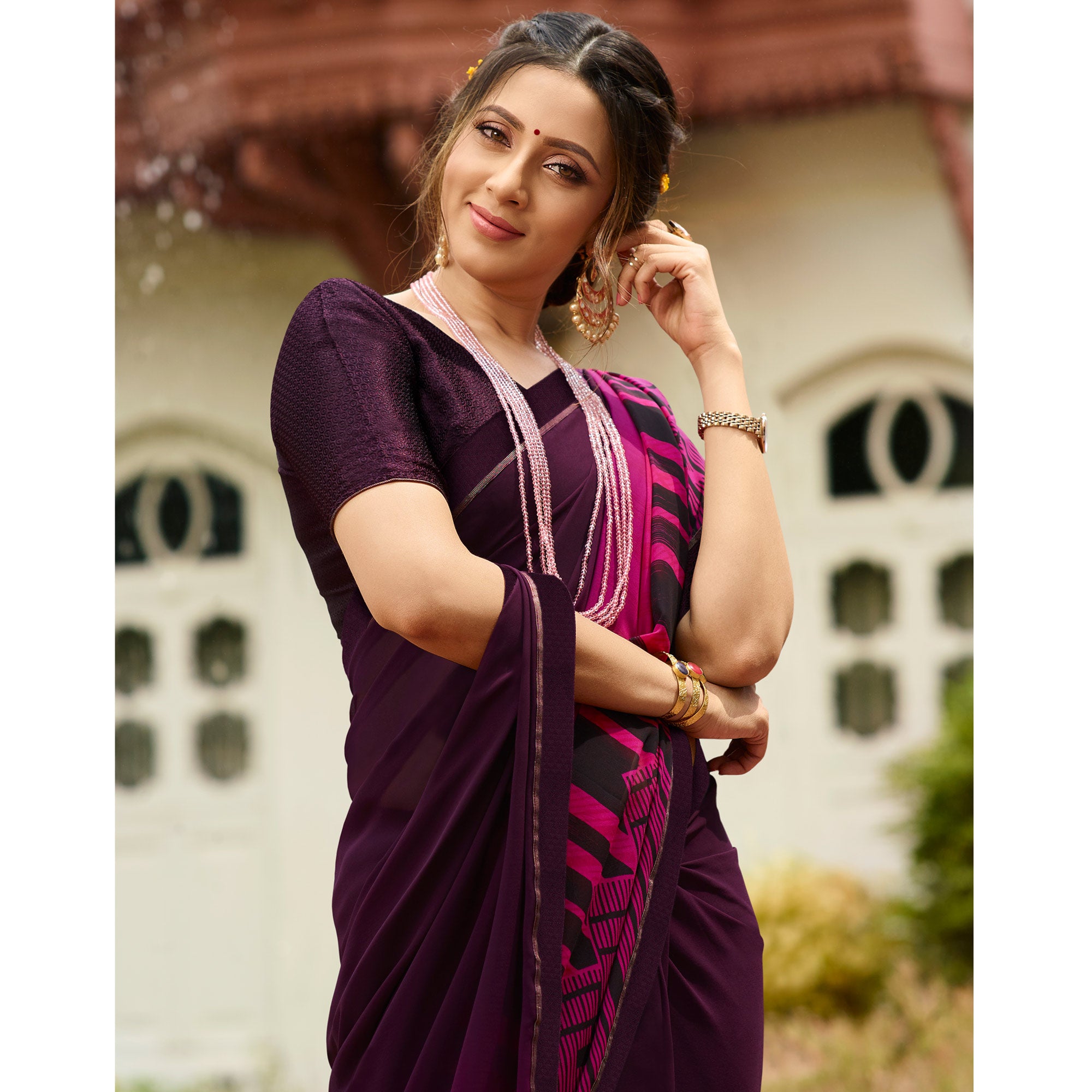 Purple Printed Georgette Saree