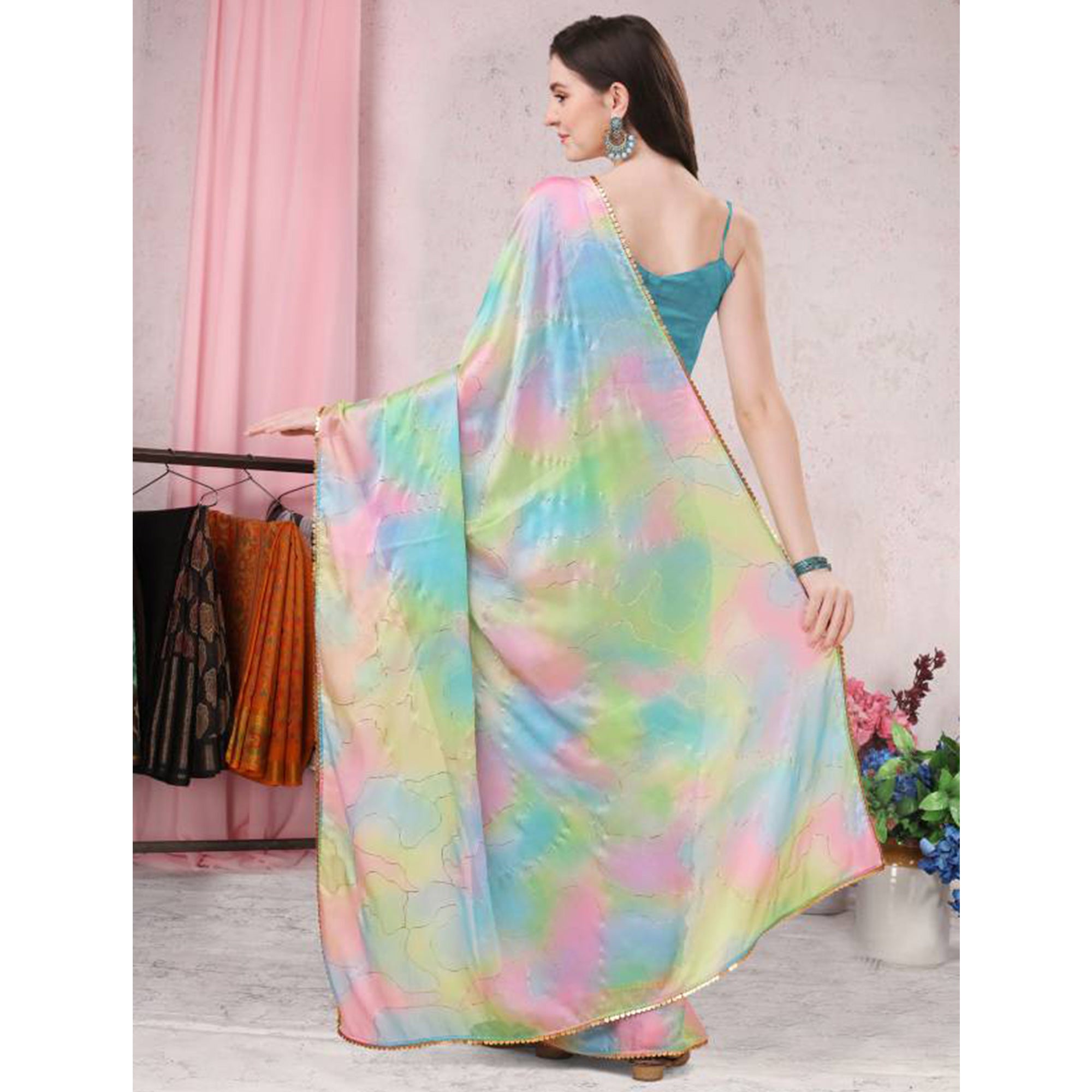 Multicolor Foil Printed Chiffon Saree With Fancy Border