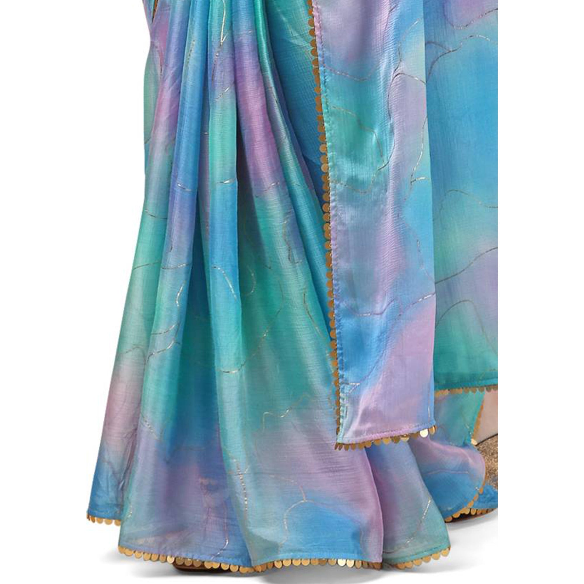 Sky Blue Foil Printed Chiffon Saree With Fancy Border