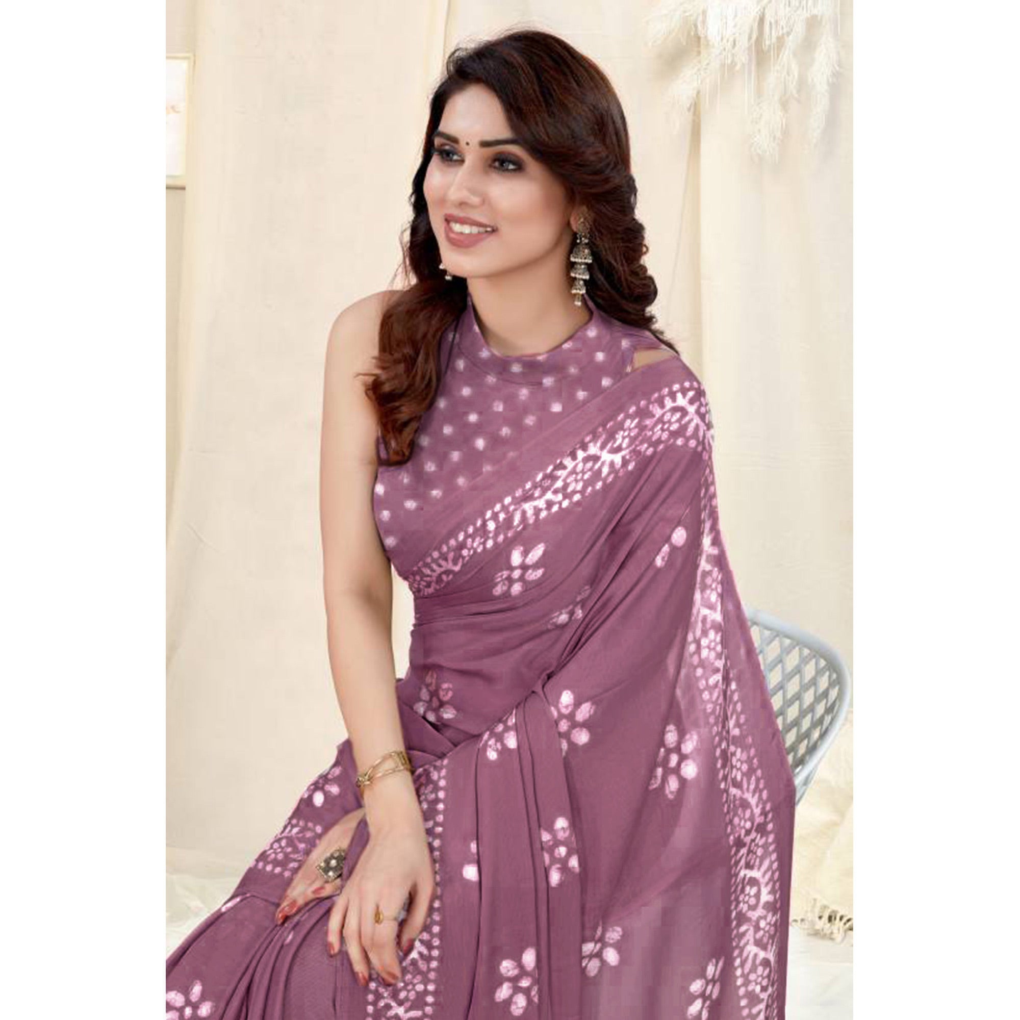 Mauve Floral Printed Chiffon Saree