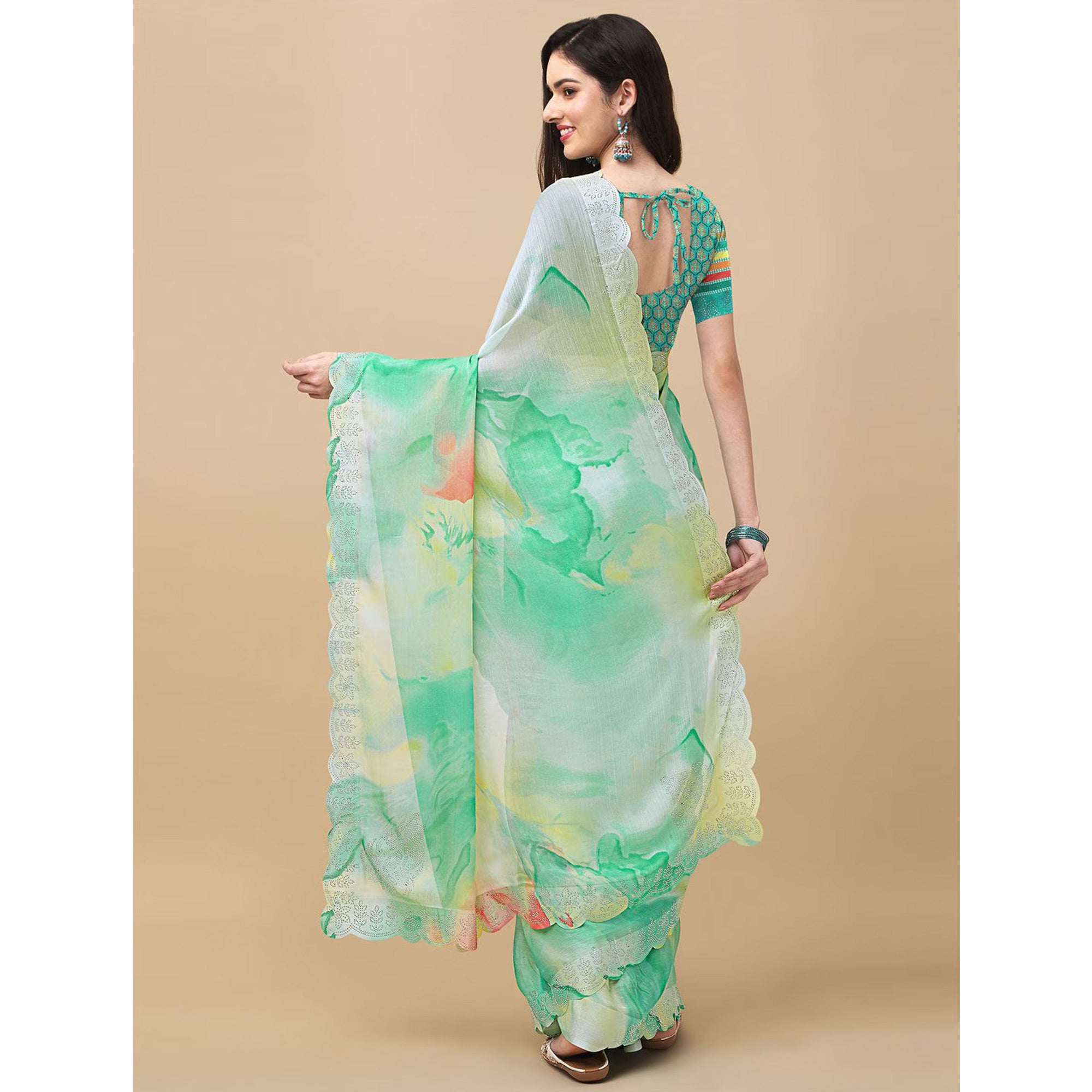 Light Green Printed With Swarovski Work Chiffon Saree