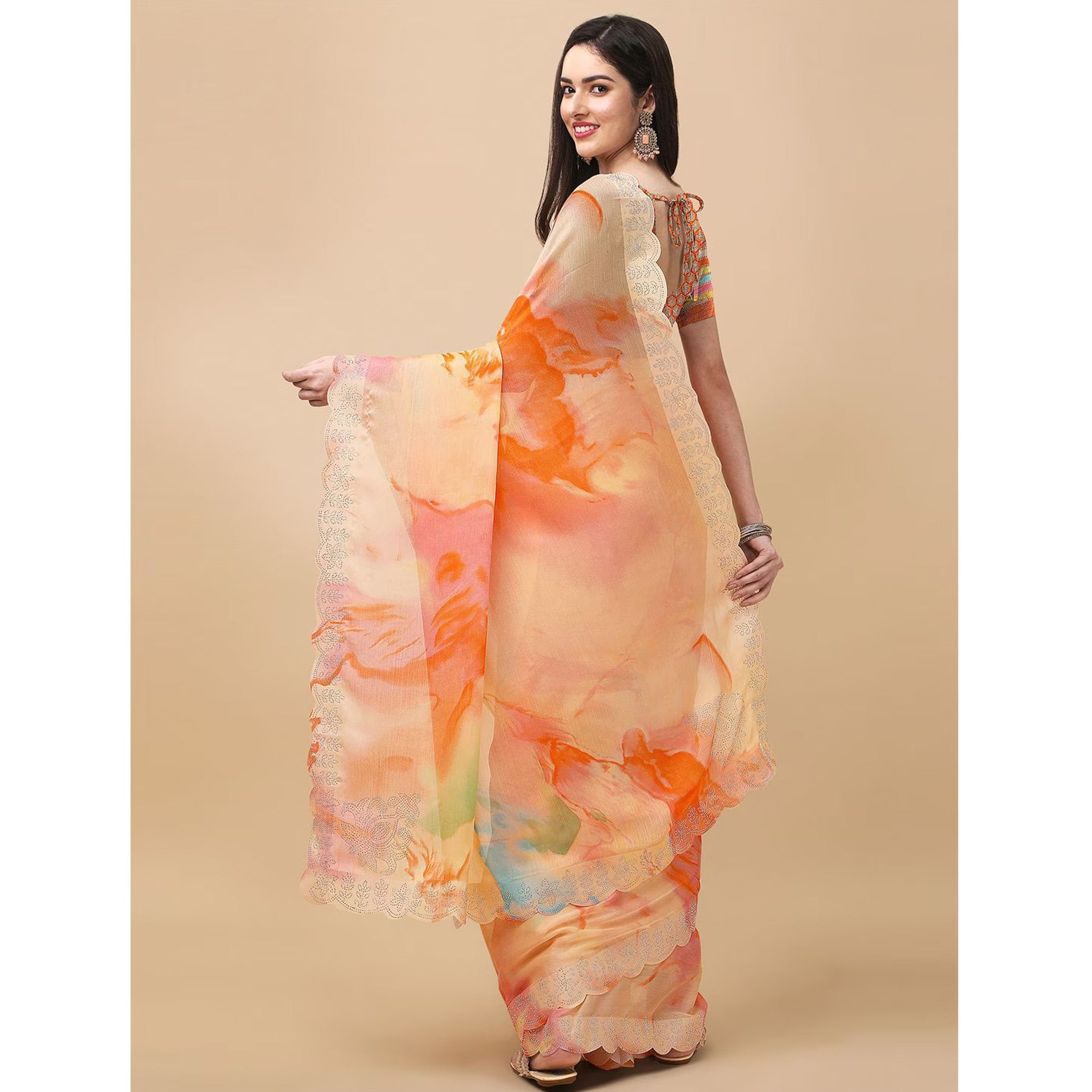 Orange Printed With Swarovski Work Chiffon Saree
