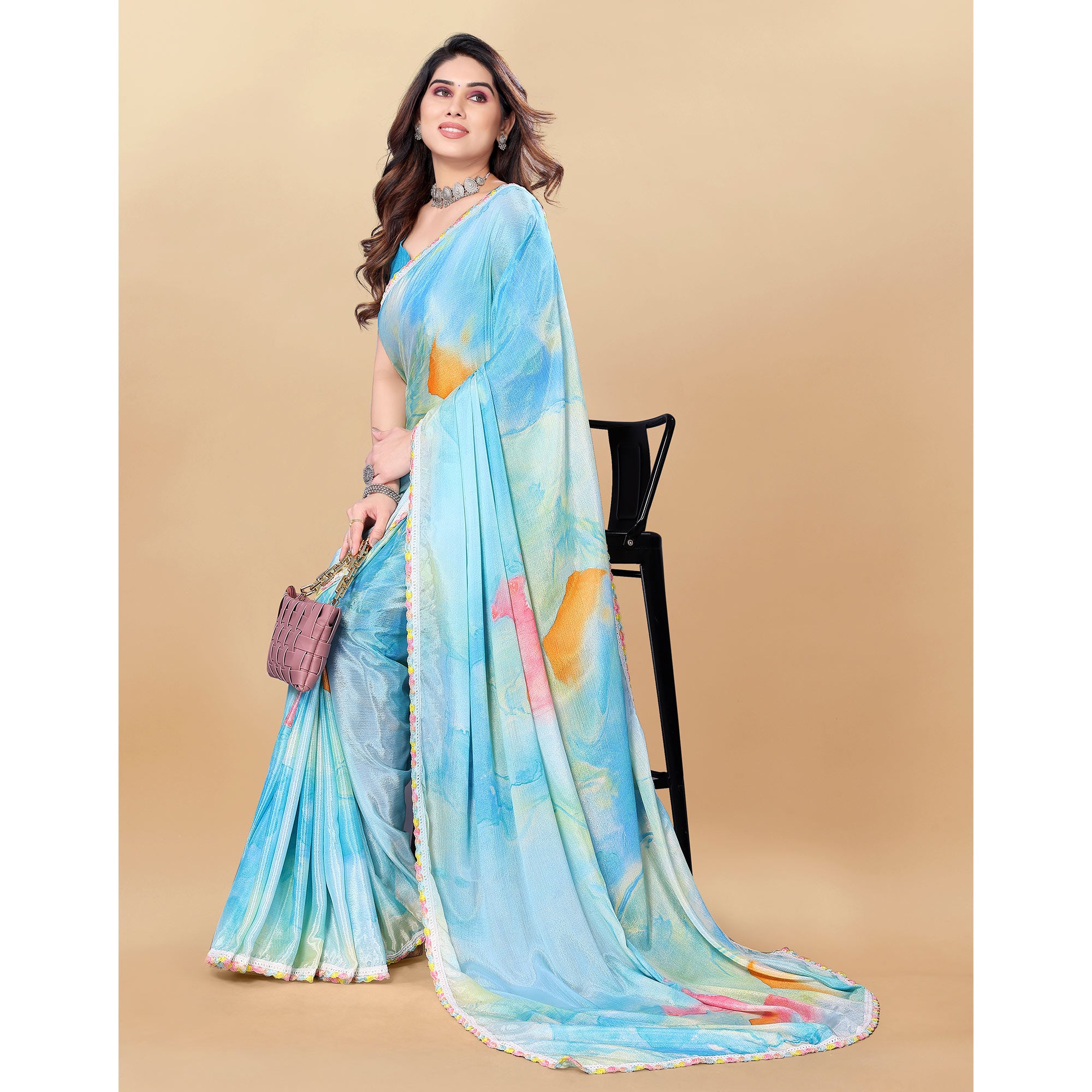 Blue Printed Chiinon Saree With Lace Border