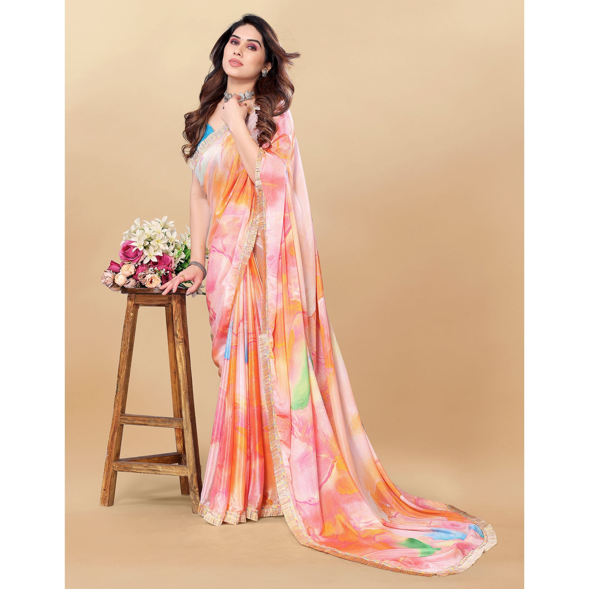 Pink & Orange Printed Chiinon Saree With Lace Border