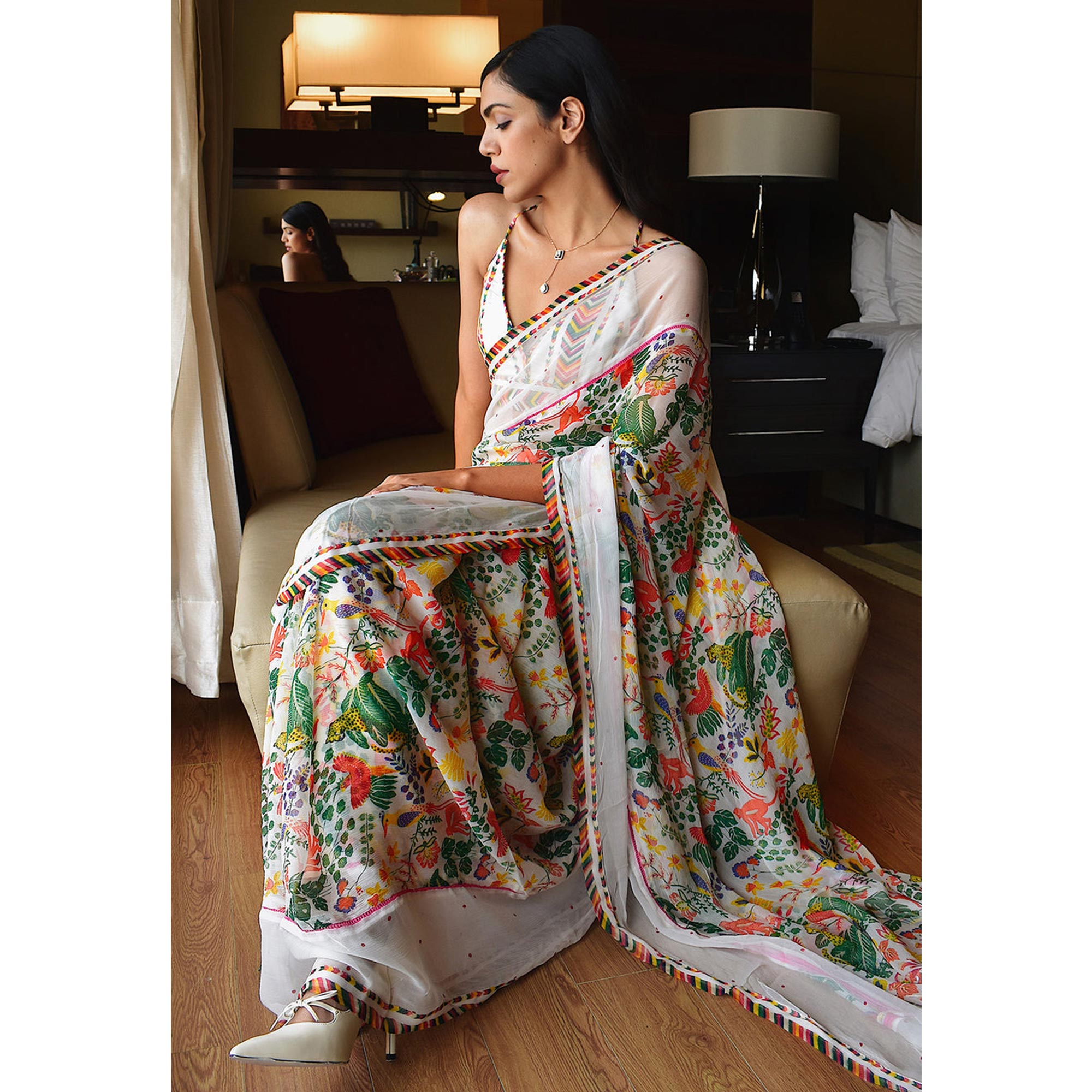 White Floral Digital Printed Georgette Saree