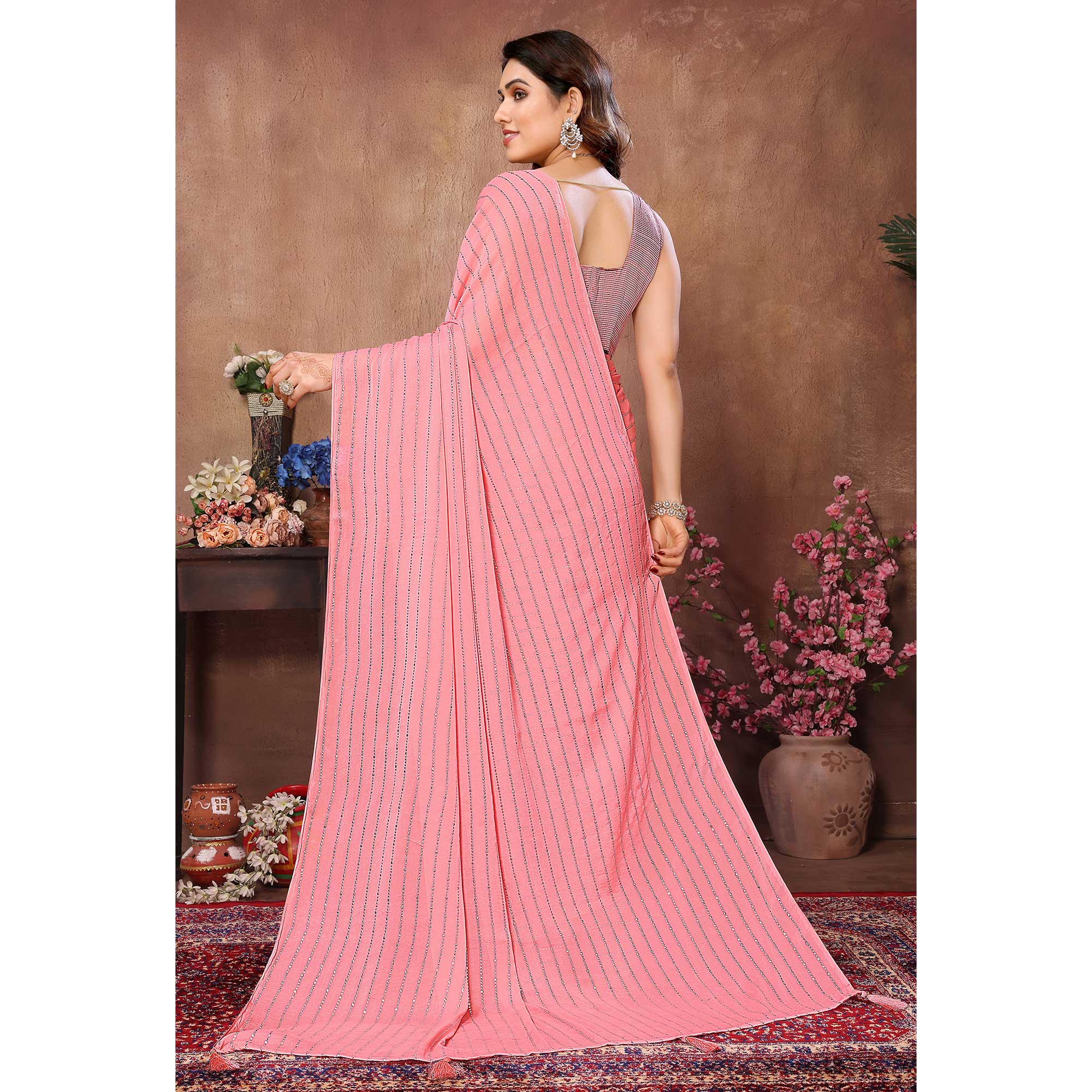 Peach Mukaish Work Silk Saree With Tassels