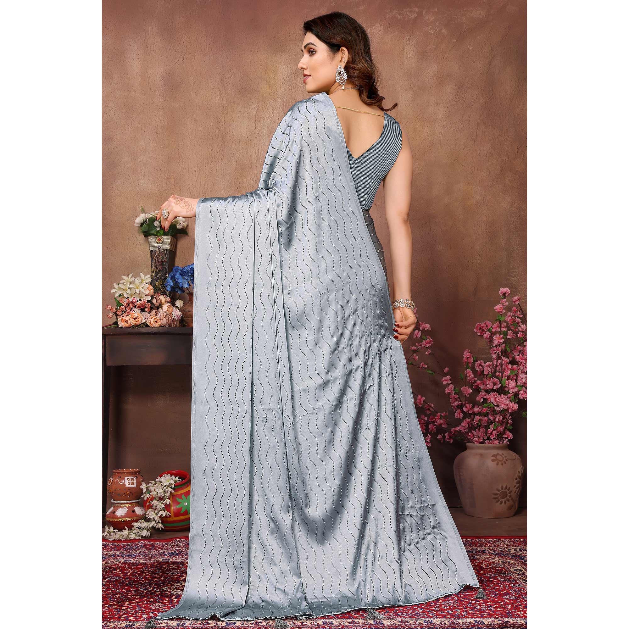 Grey Mukaish Work Satin Saree With Tassels