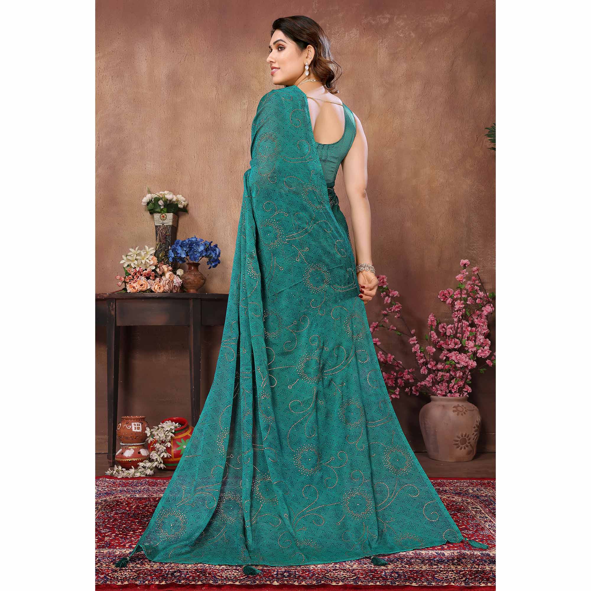 Rama Green Mukaish With Foil Printed Silk Saree With Tassels