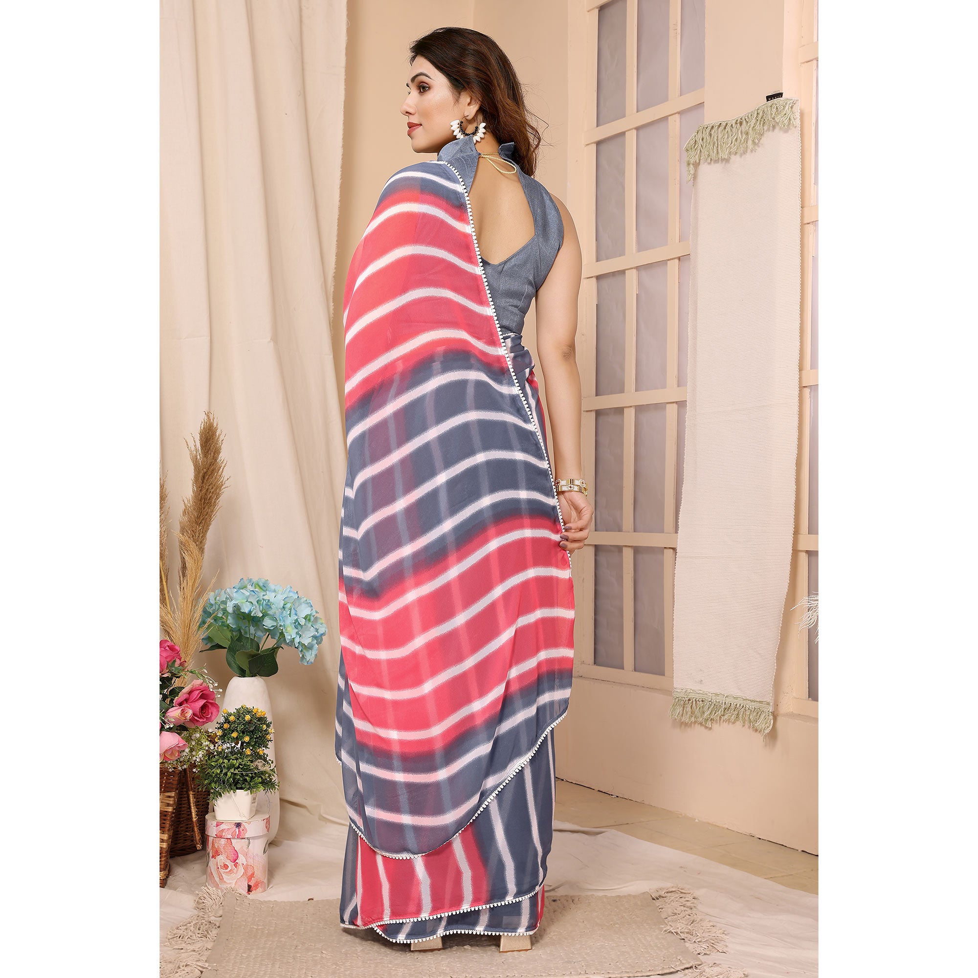 Pink & Grey Leheriya Printed Ready To Wear Georgette Saree
