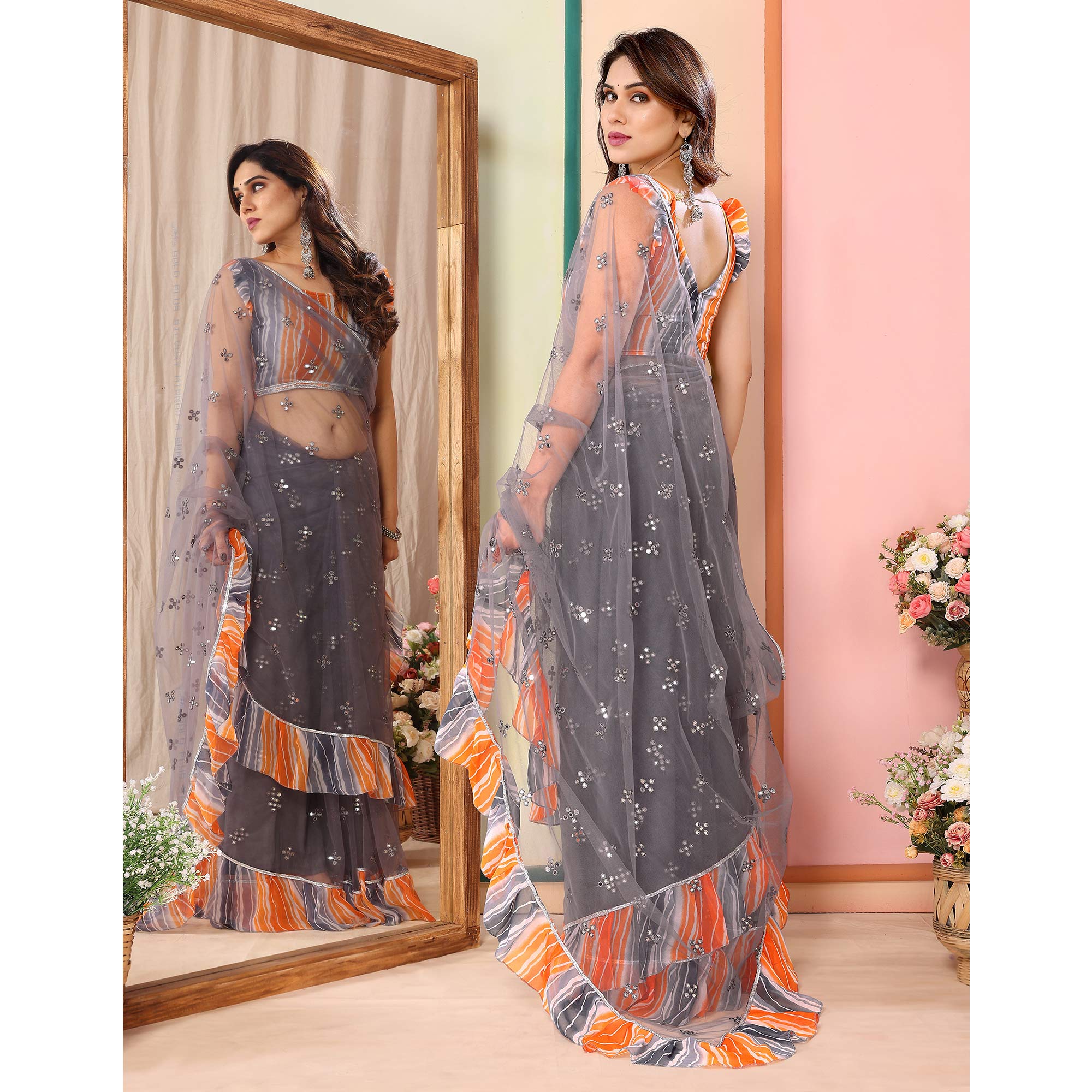 Grey Mirror Work Embroidered Net Ruffle Saree