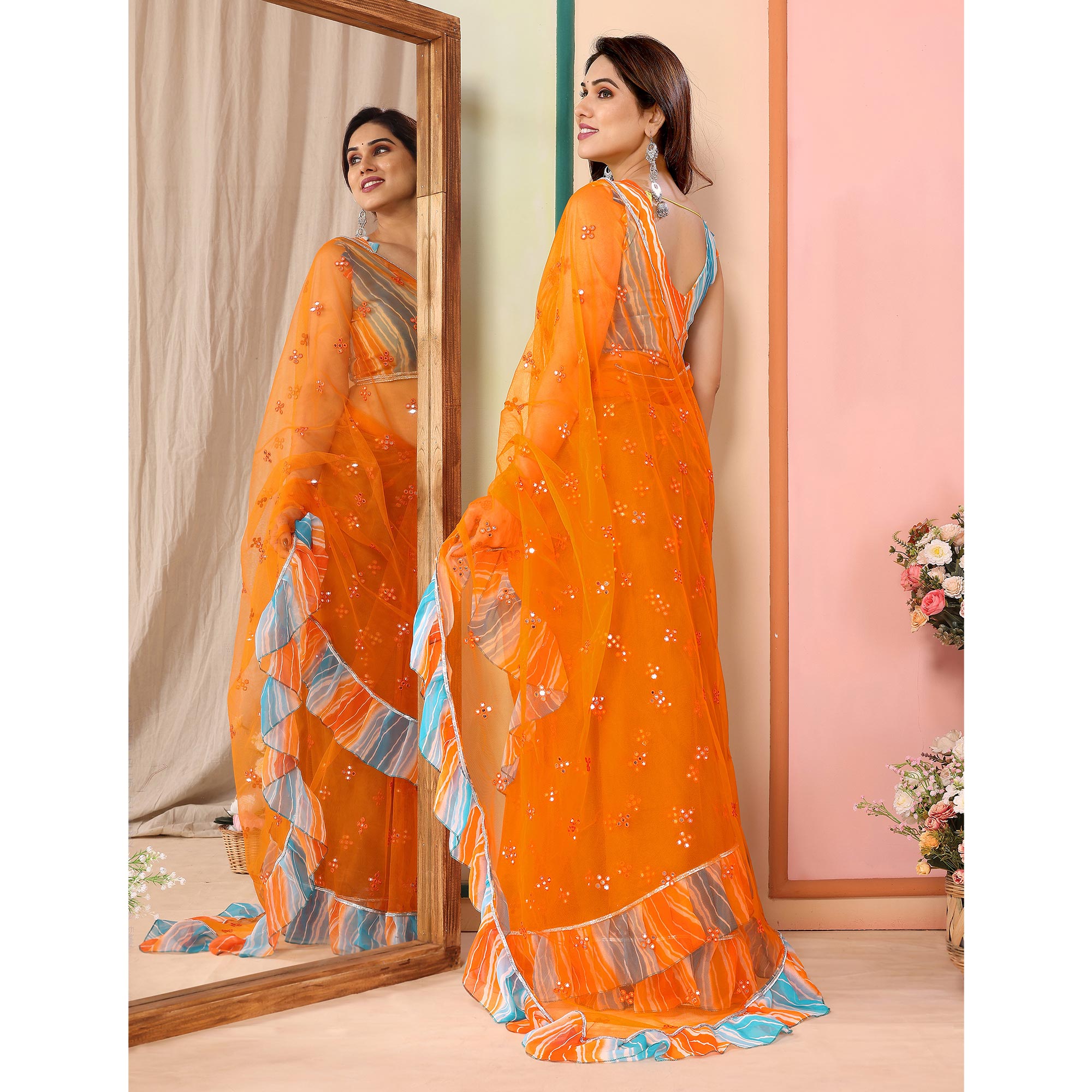 Orange Mirror Work Embroidered Net Ruffle Saree