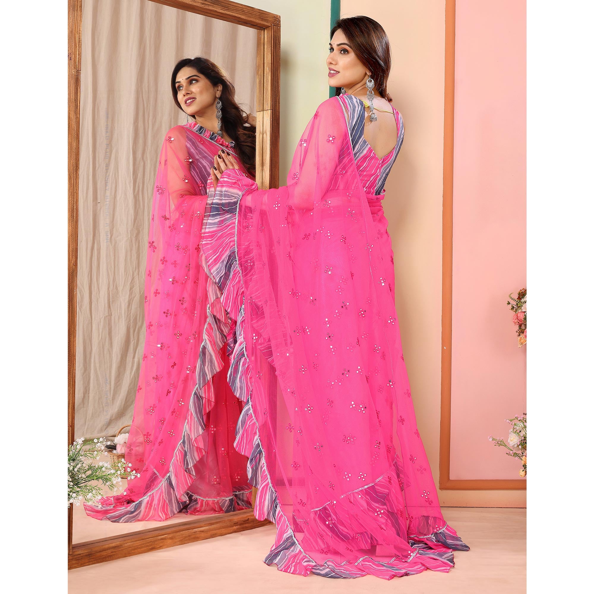 Pink Mirror Work Embroidered Net Ruffle Saree