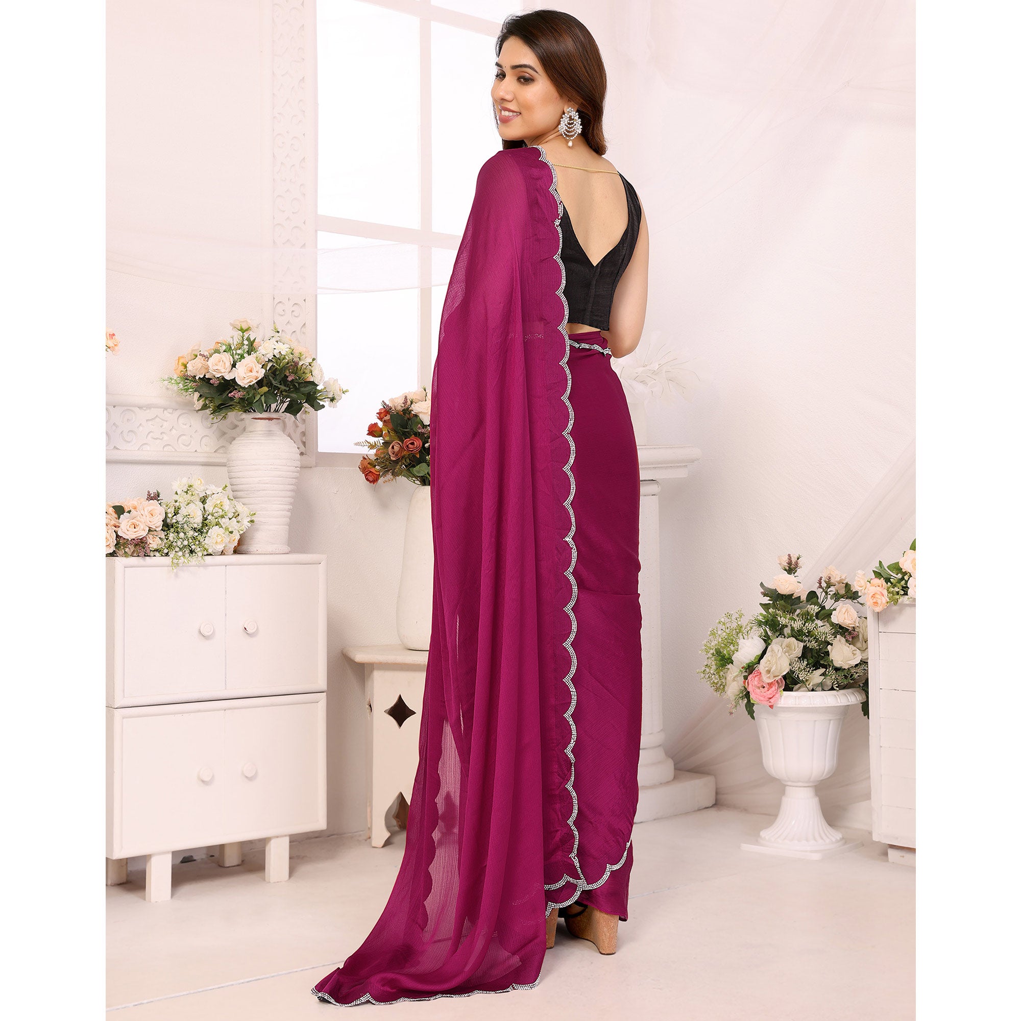 Magenta Solid Chiffon Saree With Stone Work Border