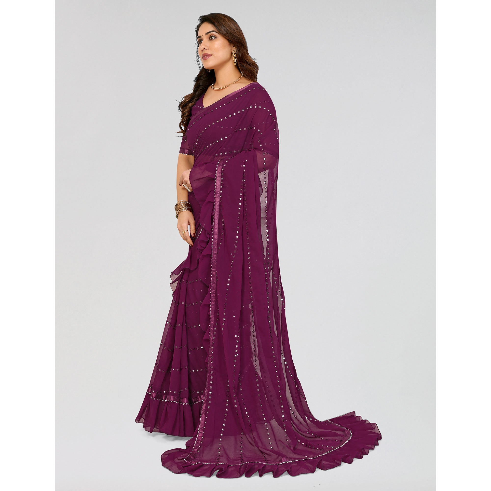 Purple Embroidered Georgette Ruffle Saree