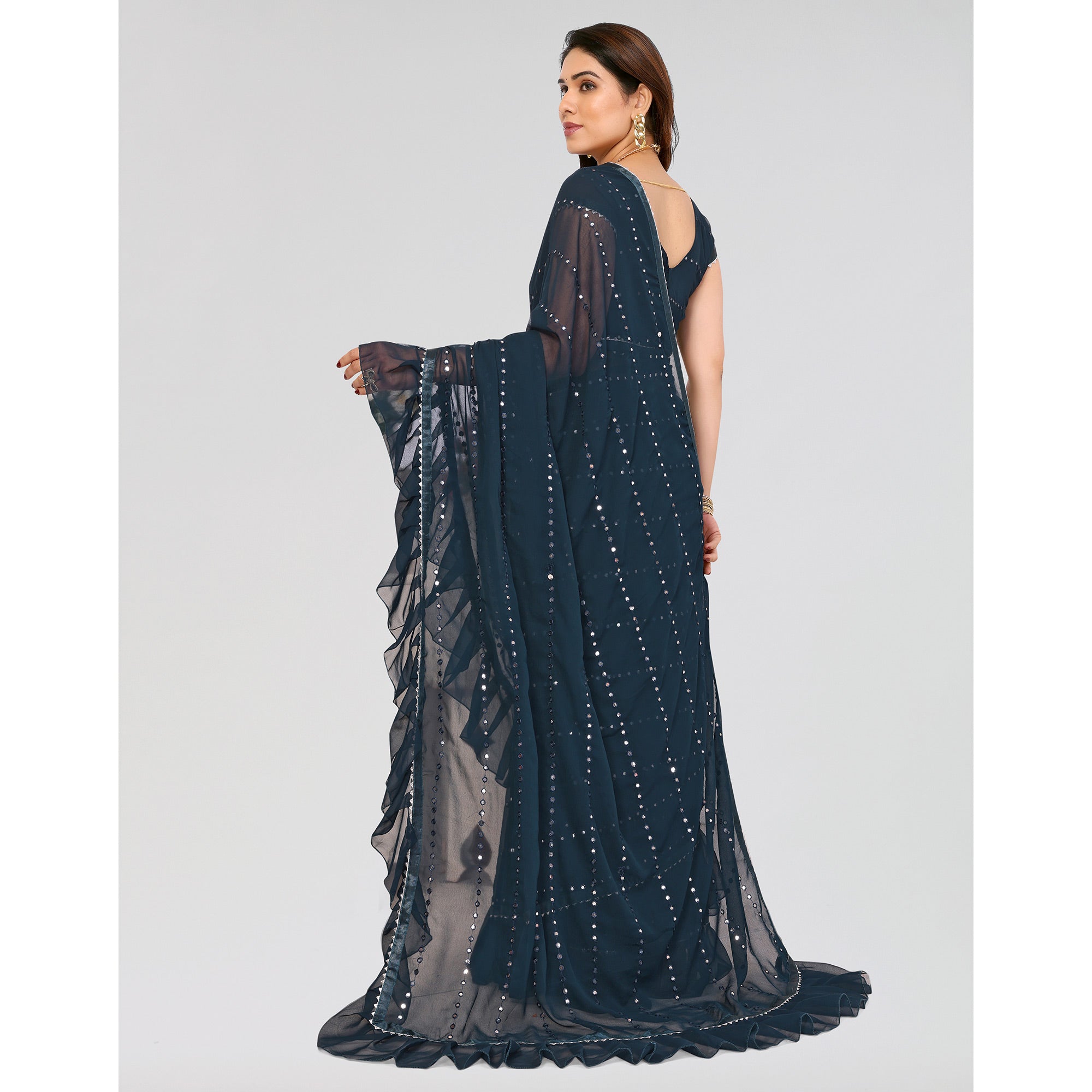 Teal Embroidered Georgette Ruffle Saree